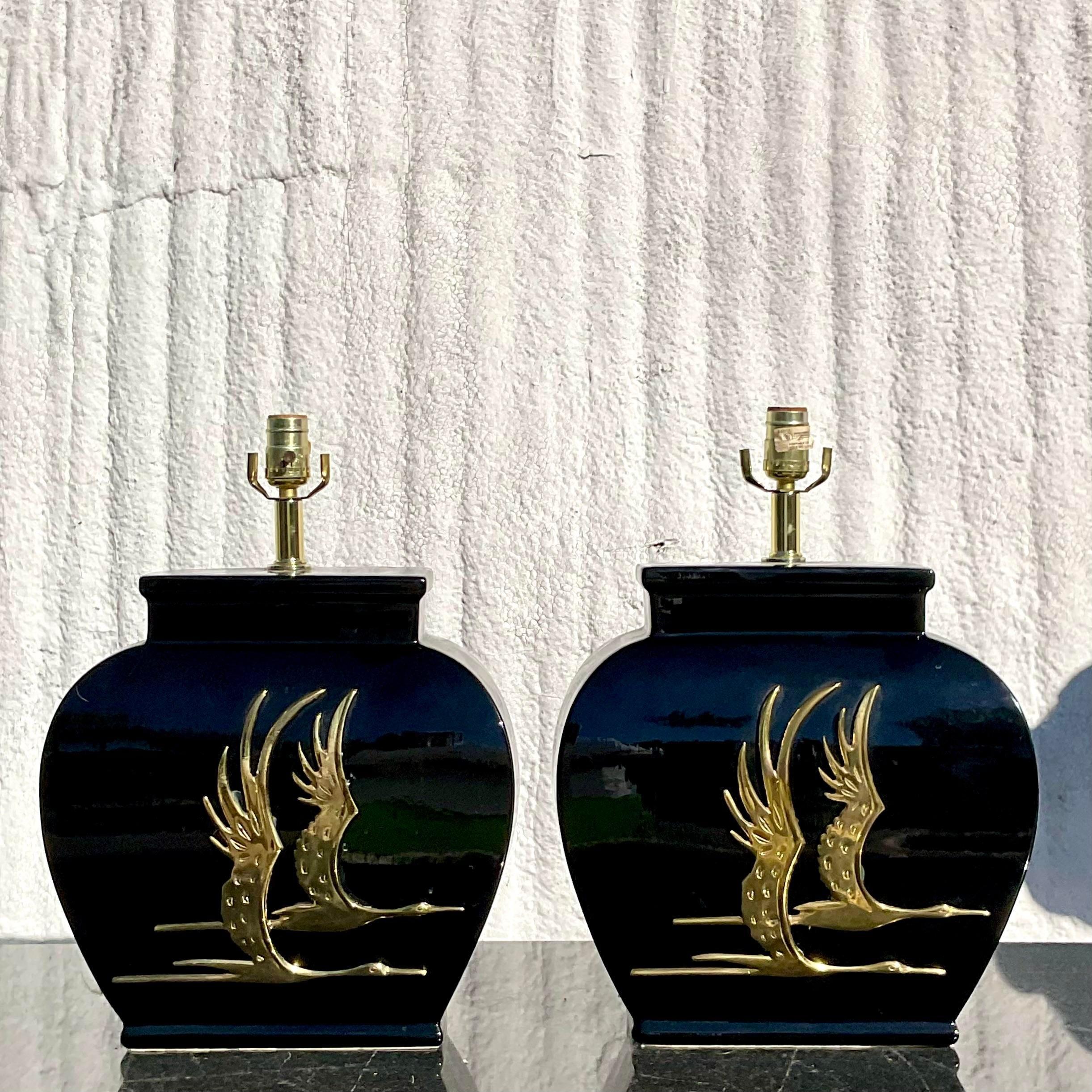 North American Vintage Regency Glazed Ceramic Heron Lamps, a Pair