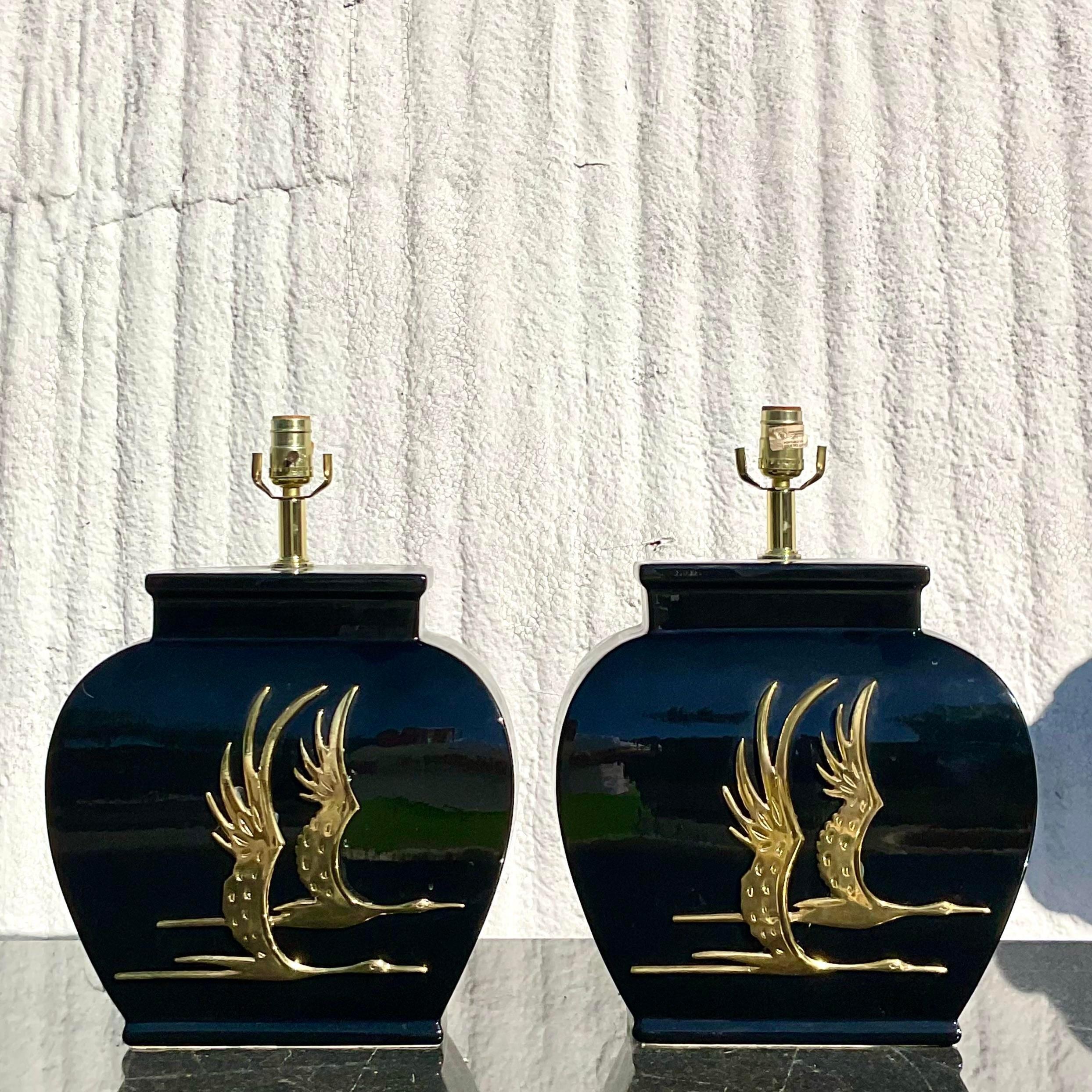 20th Century Vintage Regency Glazed Ceramic Heron Lamps, a Pair