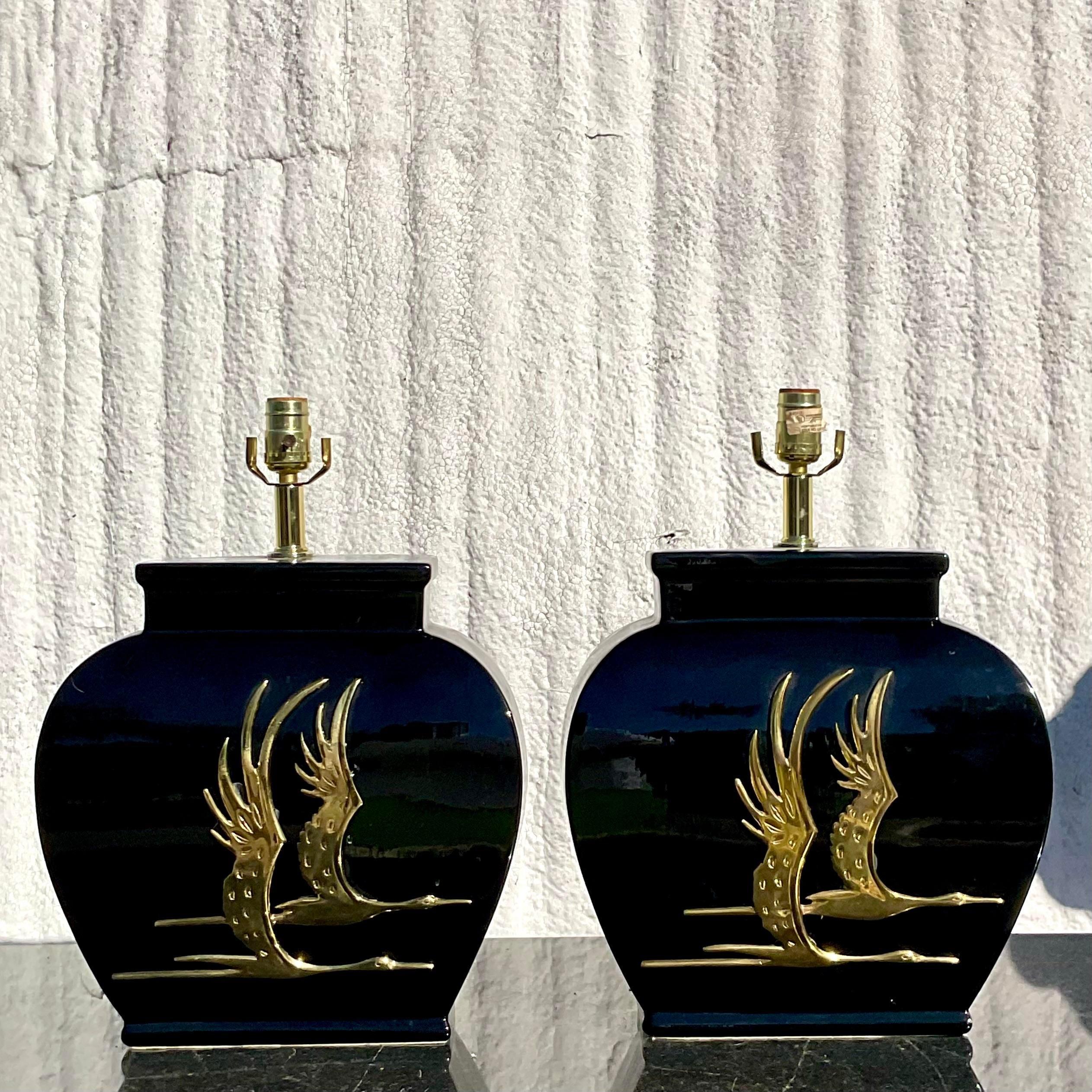 Brass Vintage Regency Glazed Ceramic Heron Lamps, a Pair