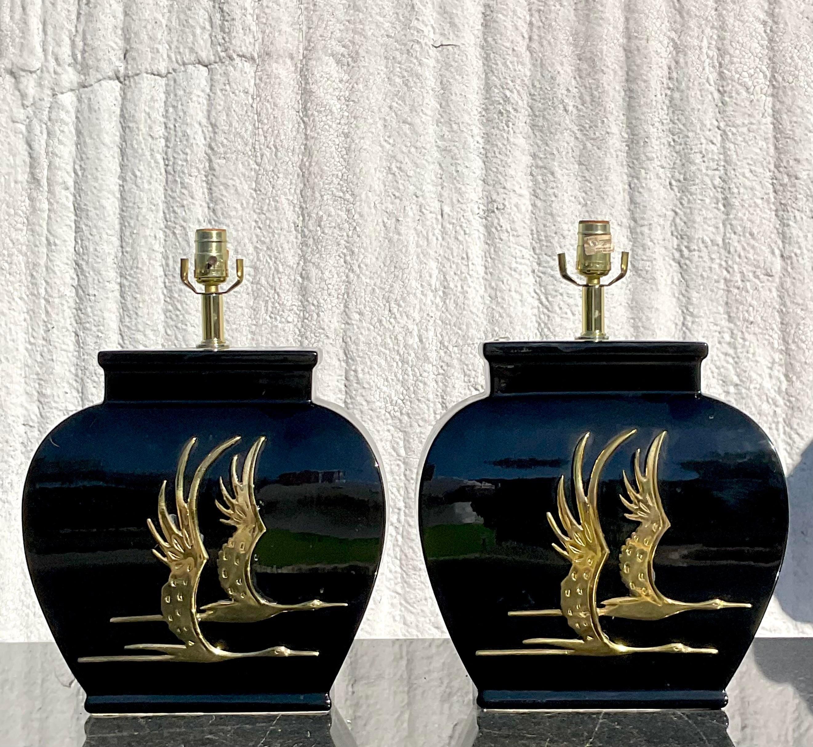 Vintage Regency Glazed Ceramic Heron Lamps, a Pair 1