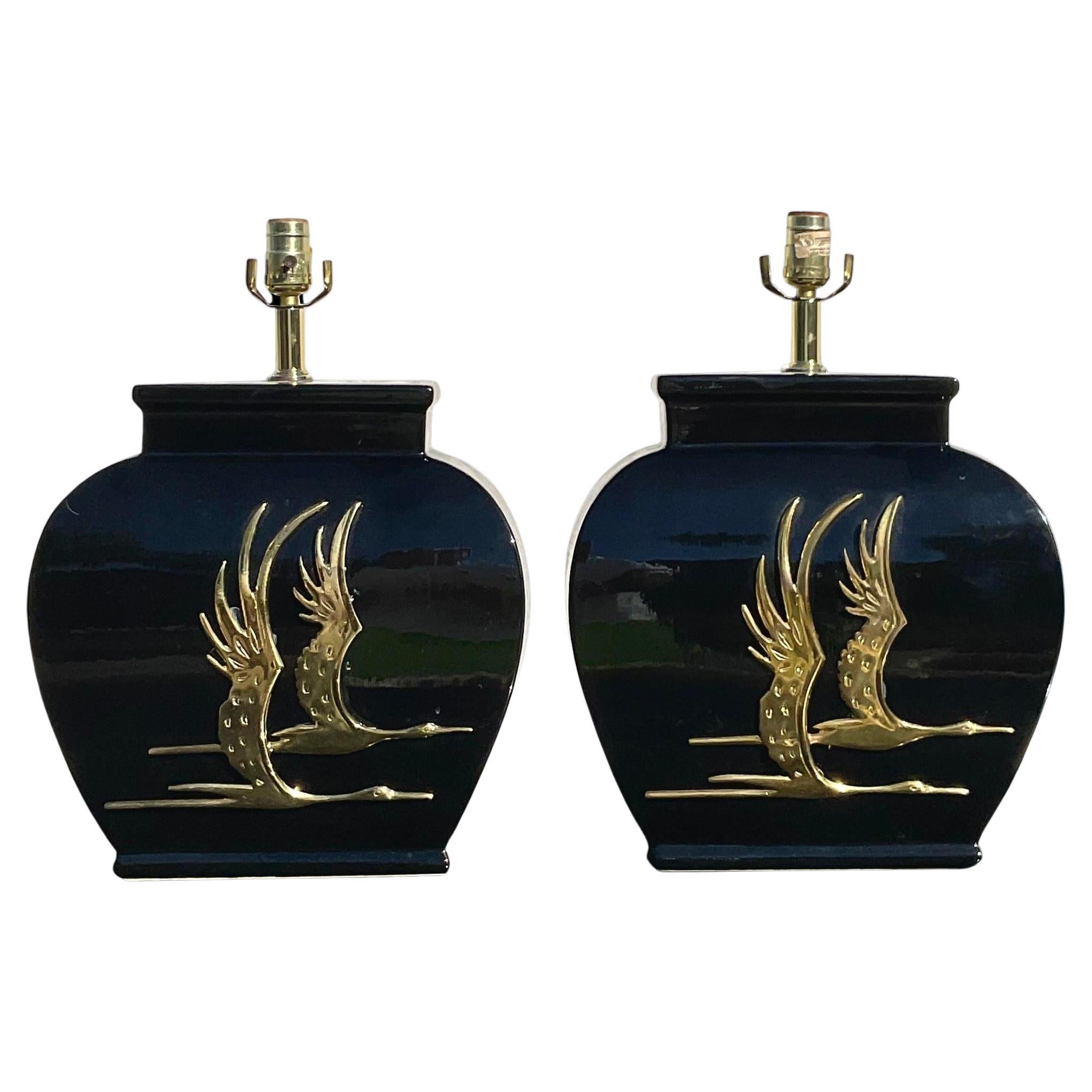 Vintage Regency Glazed Ceramic Heron Lamps, a Pair