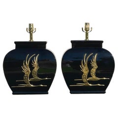 Vintage Regency Glazed Ceramic Heron Lamps, a Pair