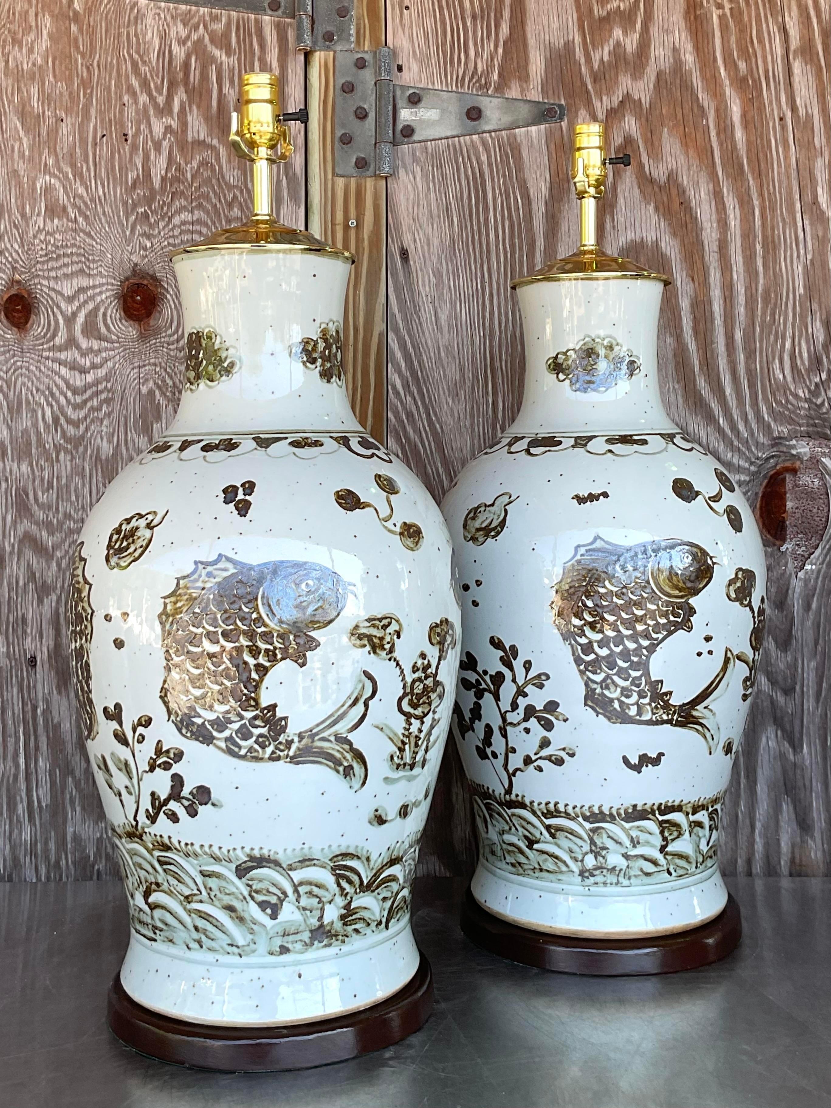 Vintage Regency Glazed Ceramic Koi Fish Lamps - a Pair In Good Condition For Sale In west palm beach, FL