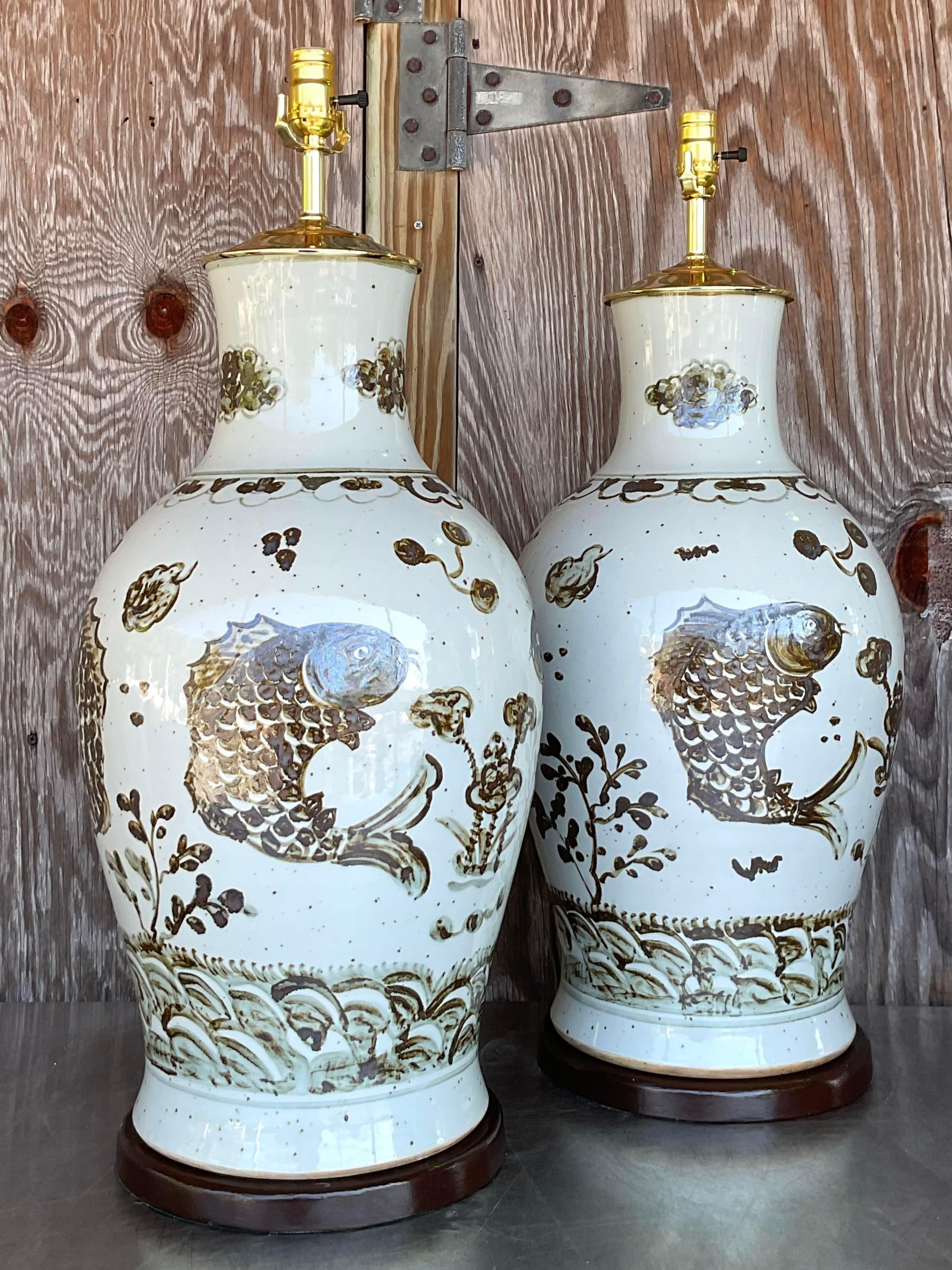 20th Century Vintage Regency Glazed Ceramic Koi Fish Lamps - a Pair For Sale