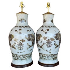 Retro Regency Glazed Ceramic Koi Fish Lamps - a Pair
