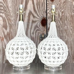 Vintage Regency Glazed Ceramic Lace Lamps - a Pair