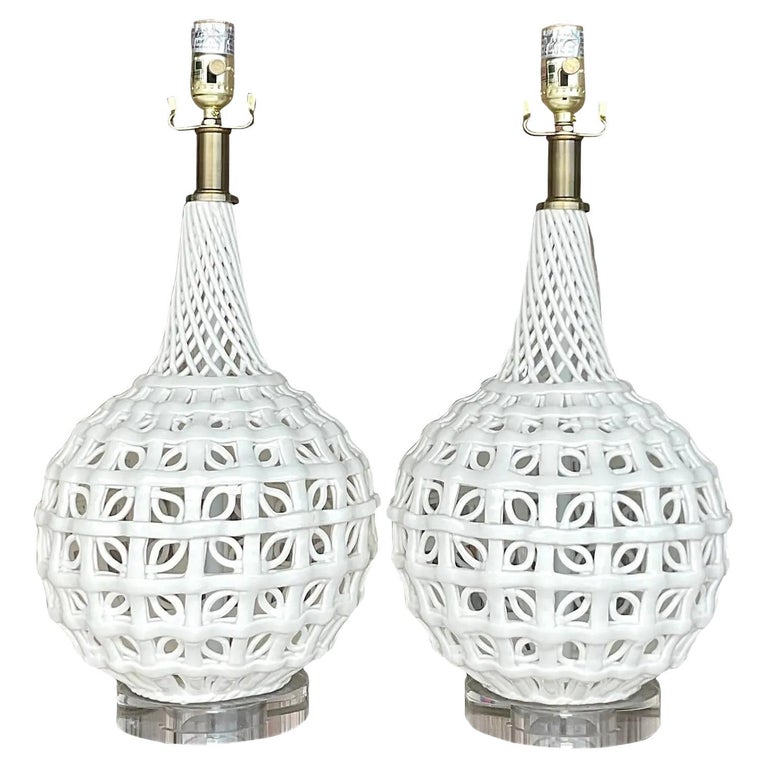 Vintage Regency Glazed Ceramic Lace Lamps a Pair For Sale at 1stDibs