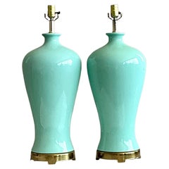 Vintage Regency Glazed Ceramic Lamps - A Pair