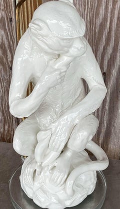 Vintage Regency Glazed Ceramic Monkey Lamp