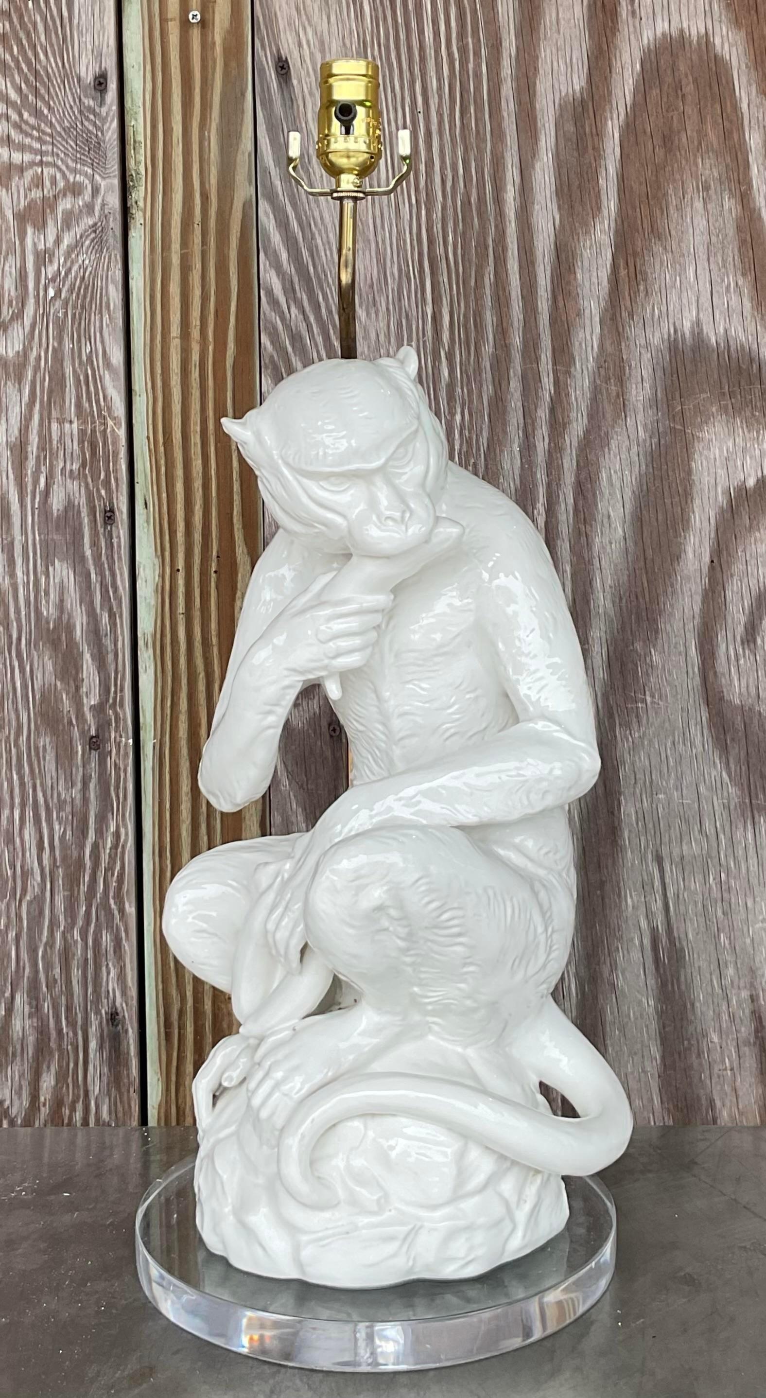 20ième siècle Lampe singe vintage Regency en céramique émaillée en vente