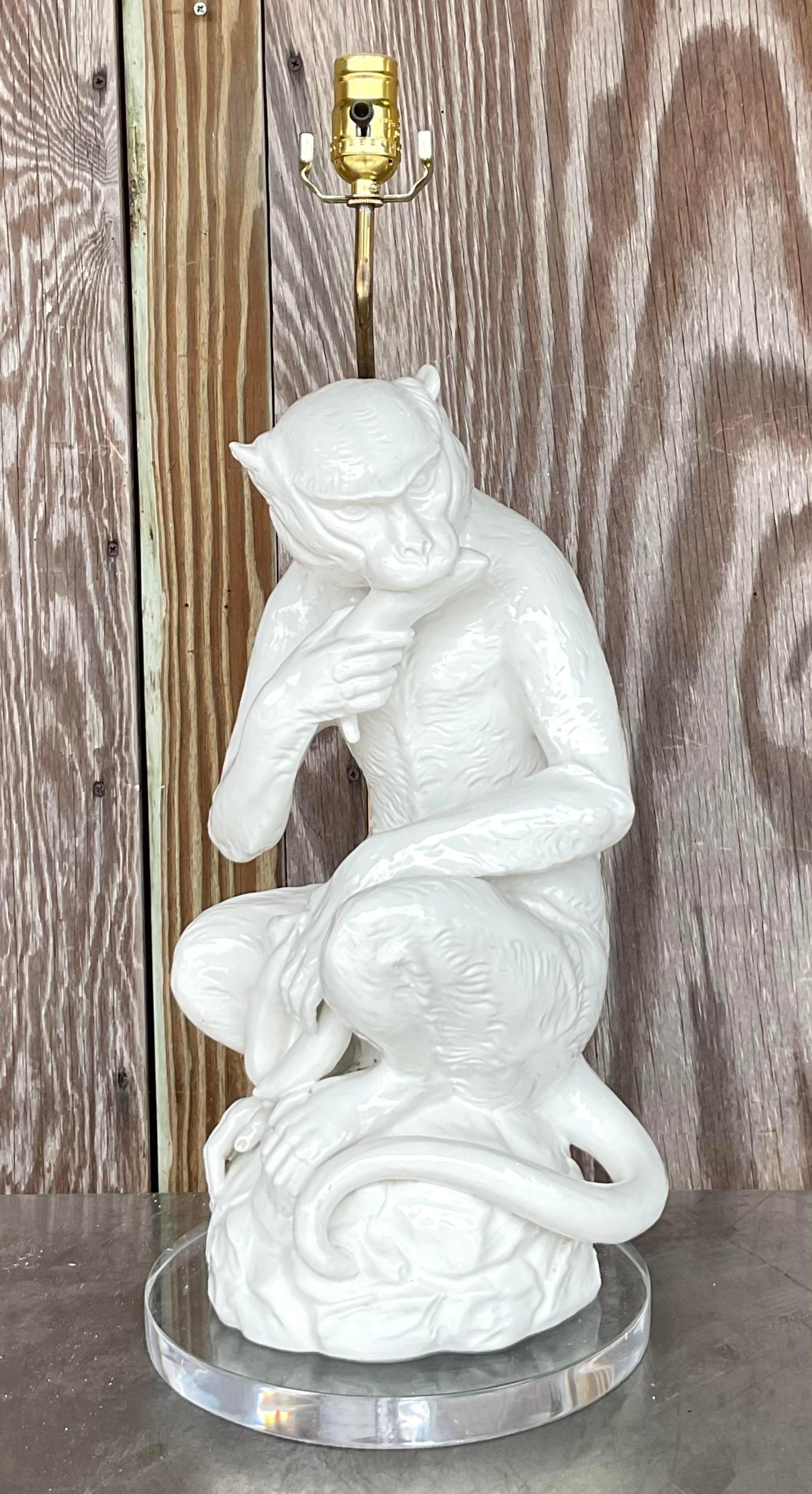 Métal Lampe singe vintage Regency en céramique émaillée en vente