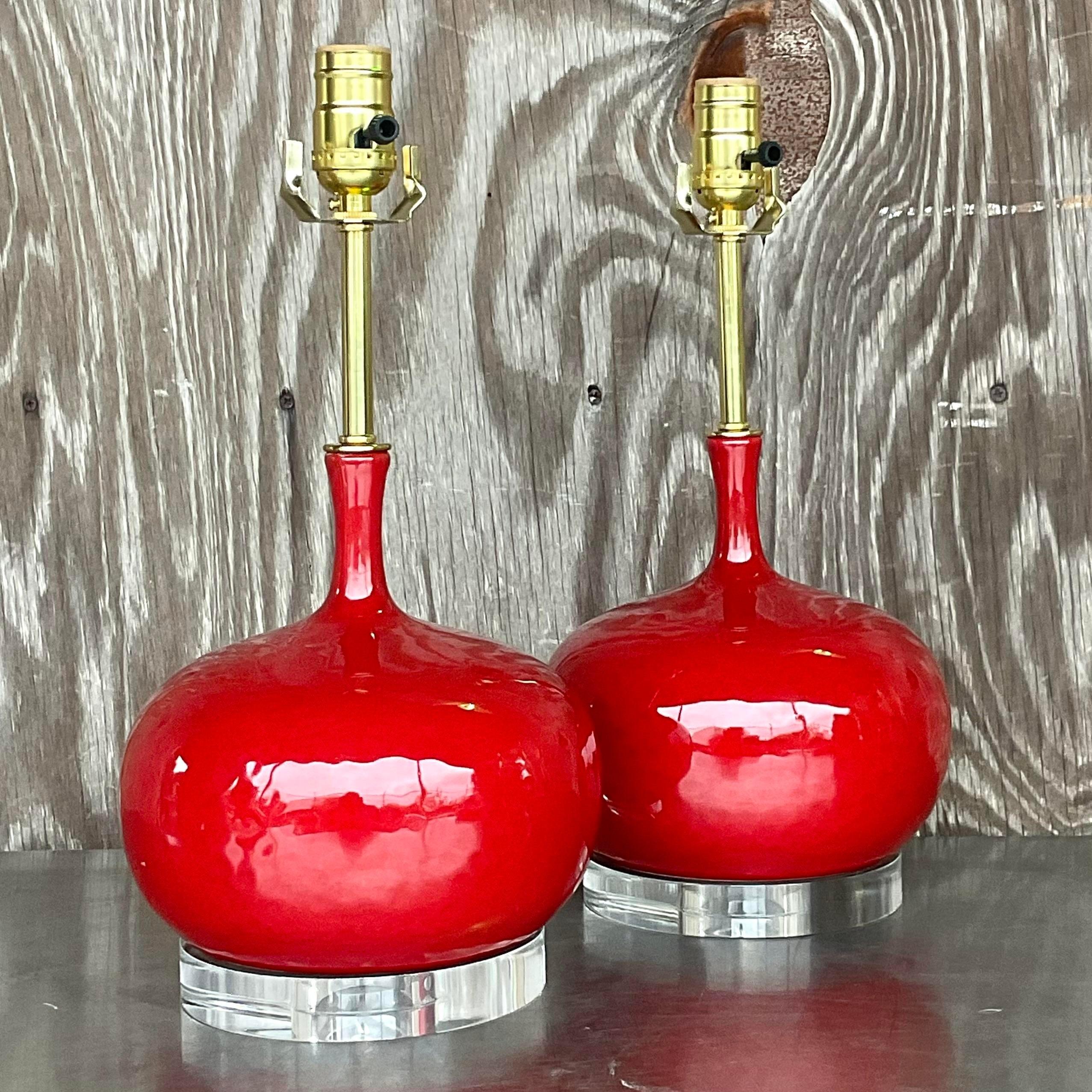 American Vintage Regency Glazed Ceramic Onion Bulb Lamps - a Pair For Sale