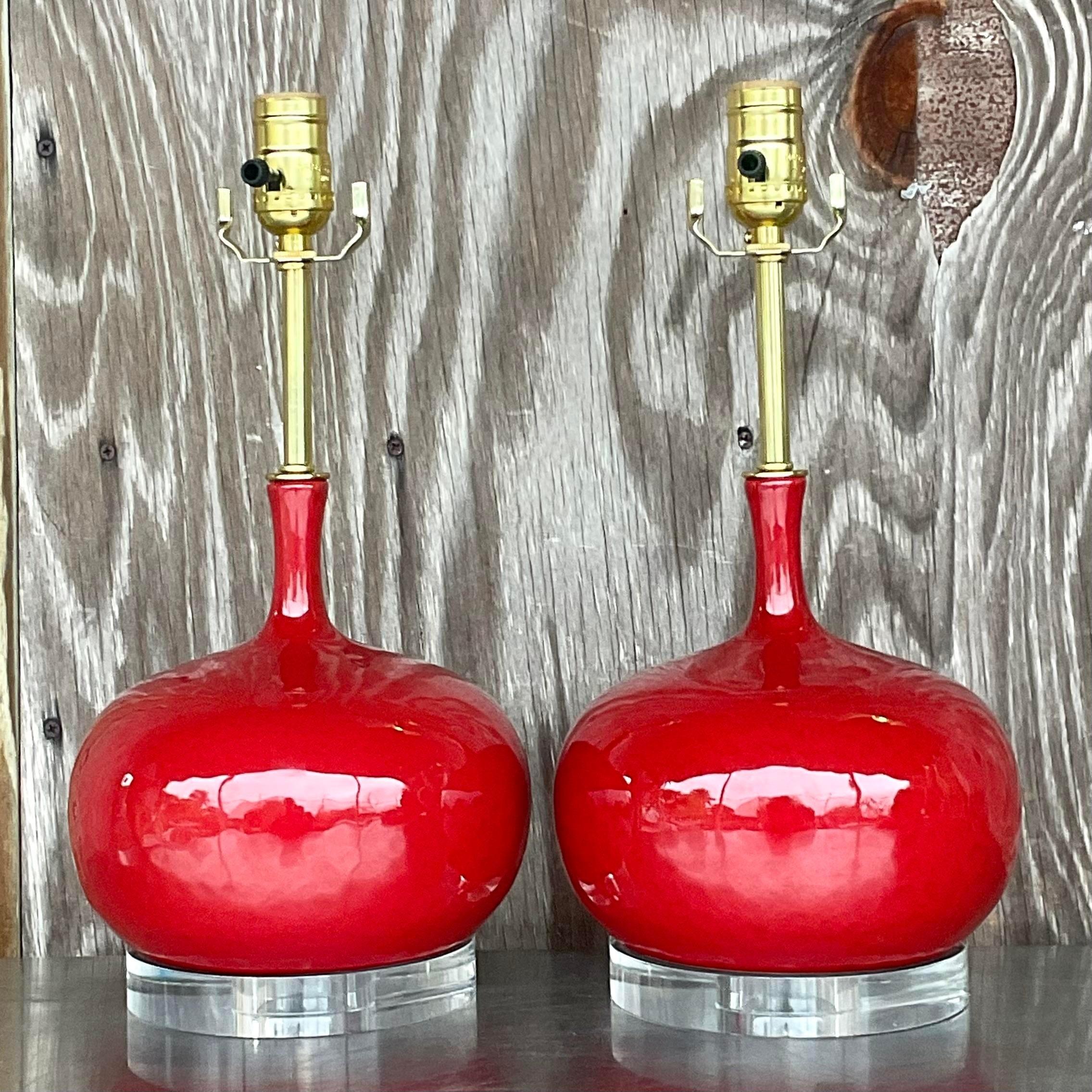 Vintage Regency Glazed Ceramic Onion Bulb Lamps - a Pair In Good Condition For Sale In west palm beach, FL