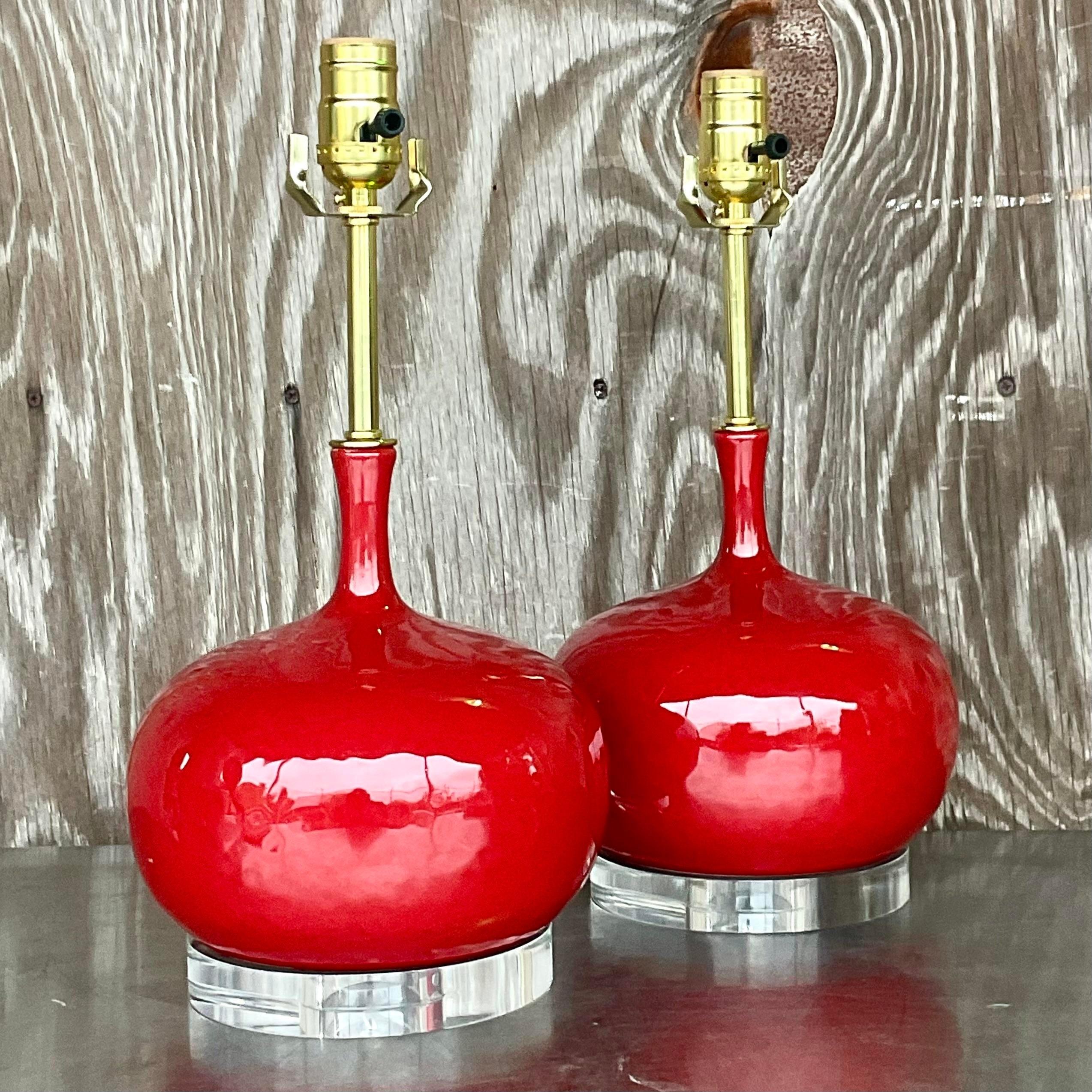 20th Century Vintage Regency Glazed Ceramic Onion Bulb Lamps - a Pair For Sale