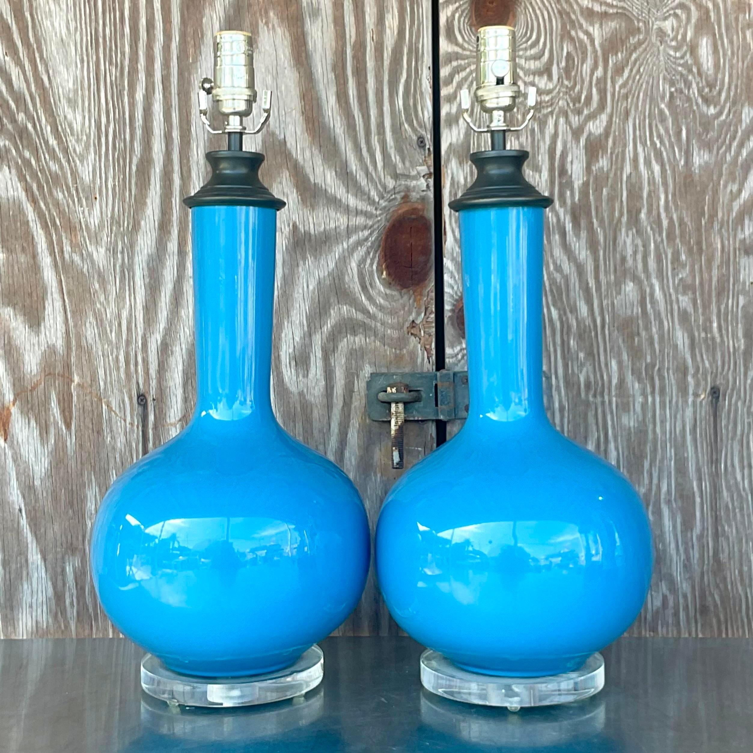 Vintage Regency Glazed Ceramic Onion Bulb Lamps - a Pair For Sale 1