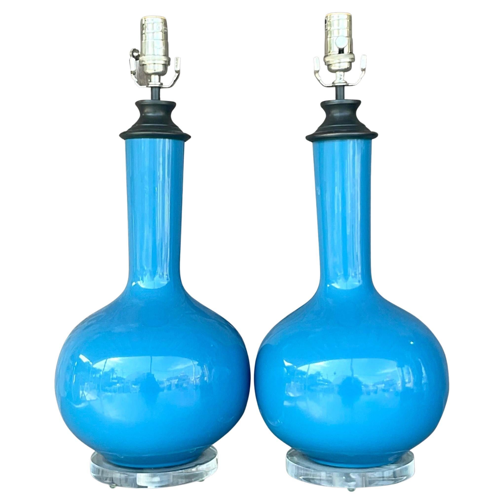 Vintage Regency Glazed Ceramic Onion Bulb Lamps - a Pair For Sale