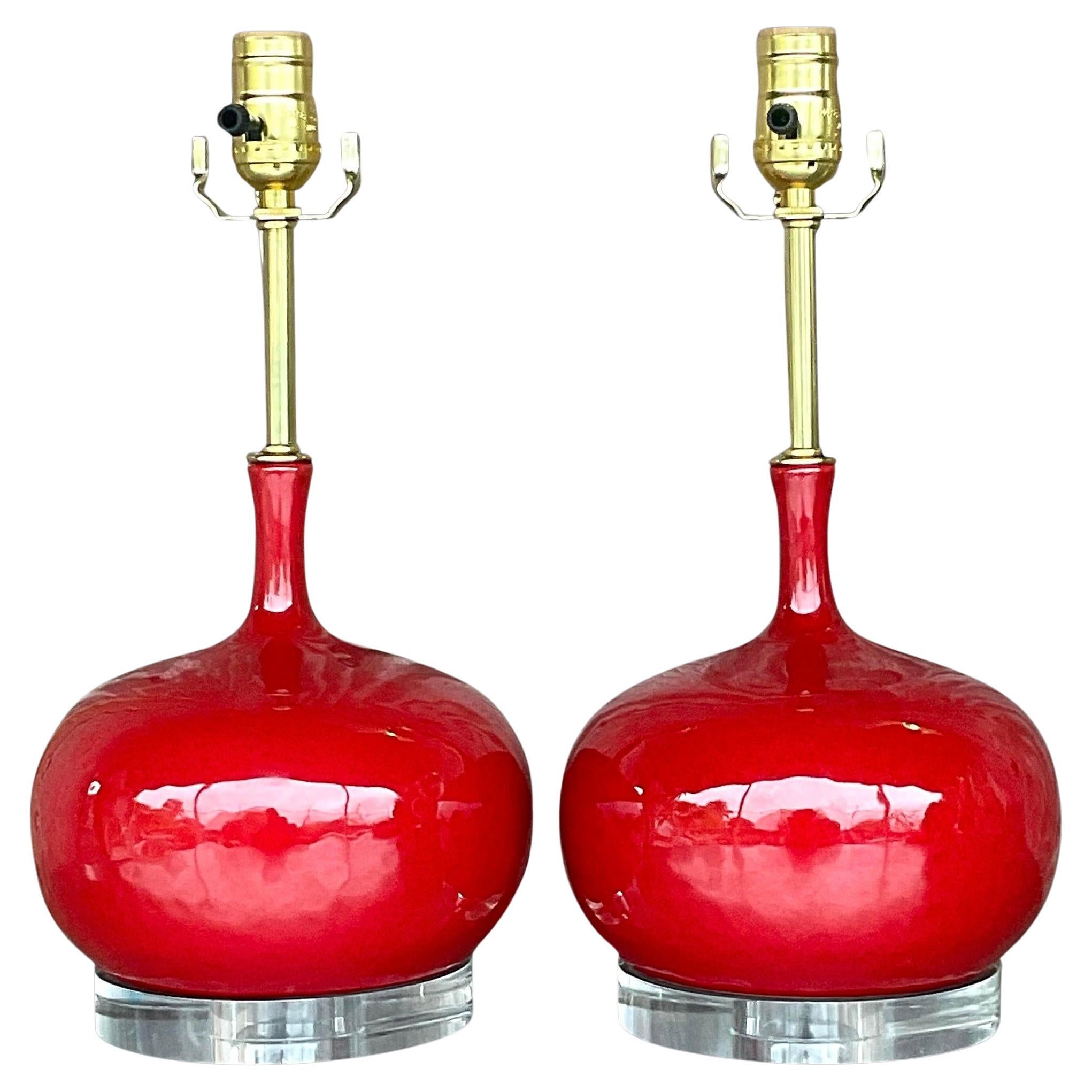 Vintage Regency Glazed Ceramic Onion Bulb Lamps - a Pair
