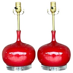 Vintage Regency Glazed Ceramic Onion Bulb Lamps - a Pair