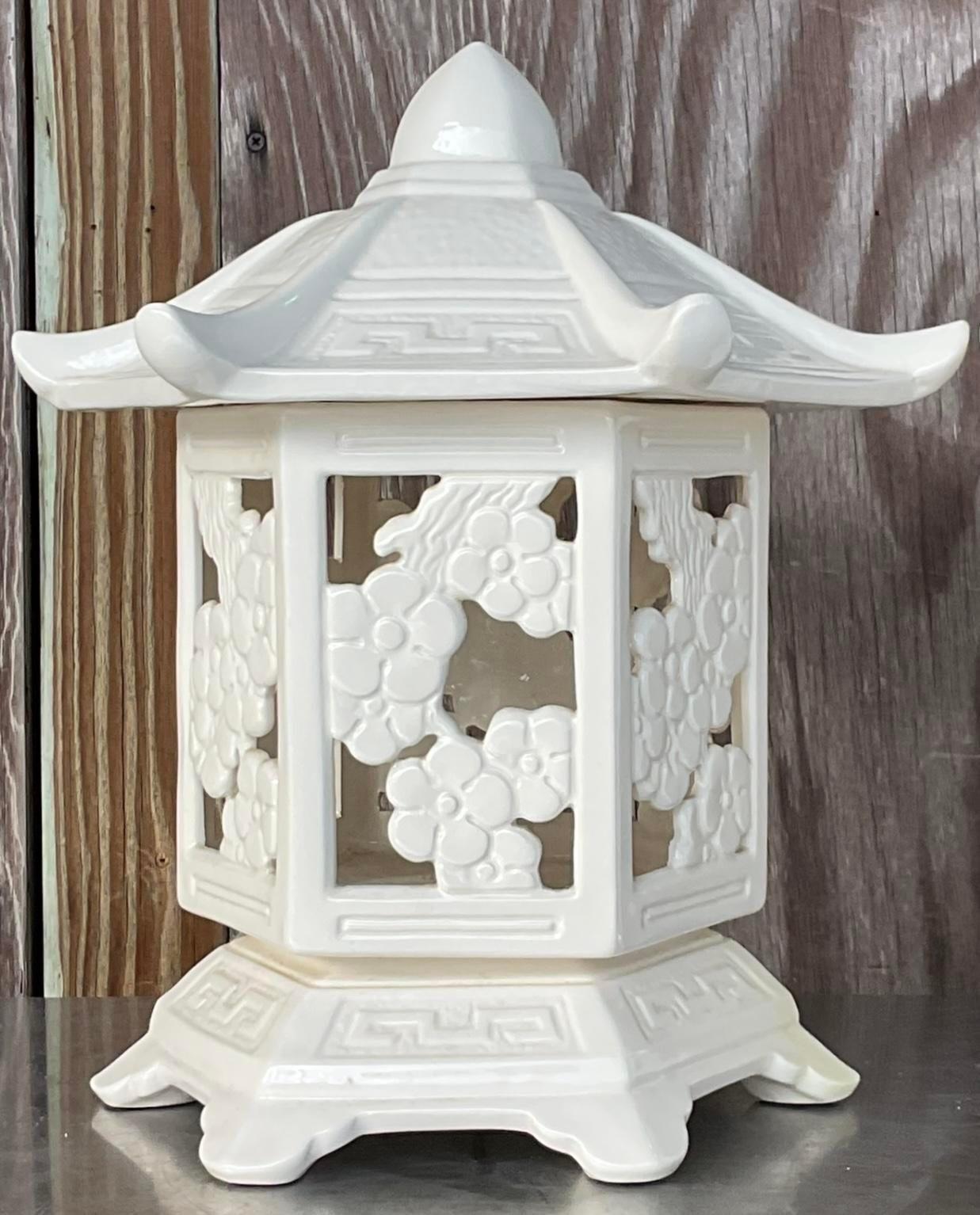 20th Century Vintage Regency Glazed Ceramic Pagoda Lantern Lamps - a Pair