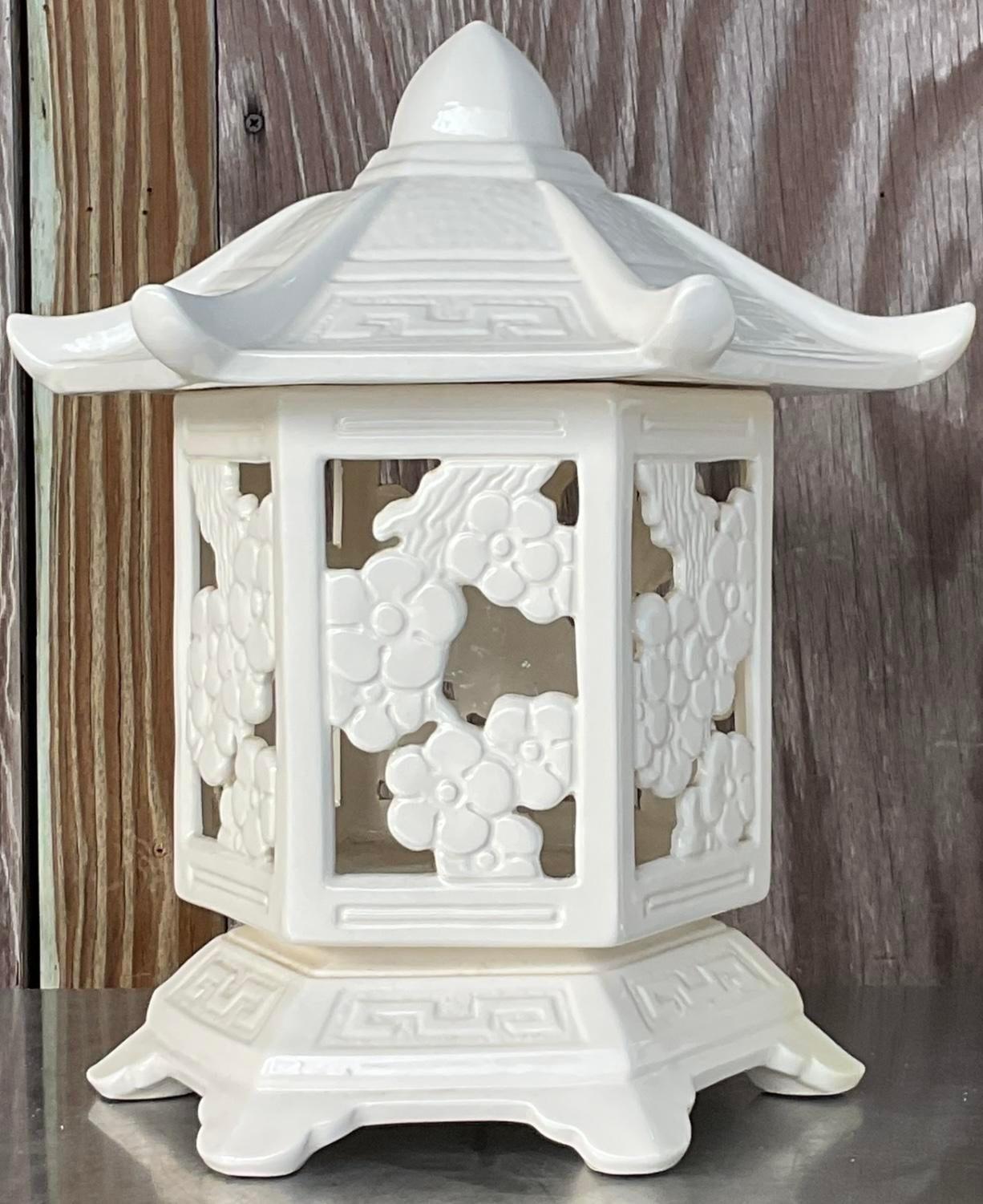 Vintage Regency Glazed Ceramic Pagoda Lantern Lamps - a Pair For Sale 1