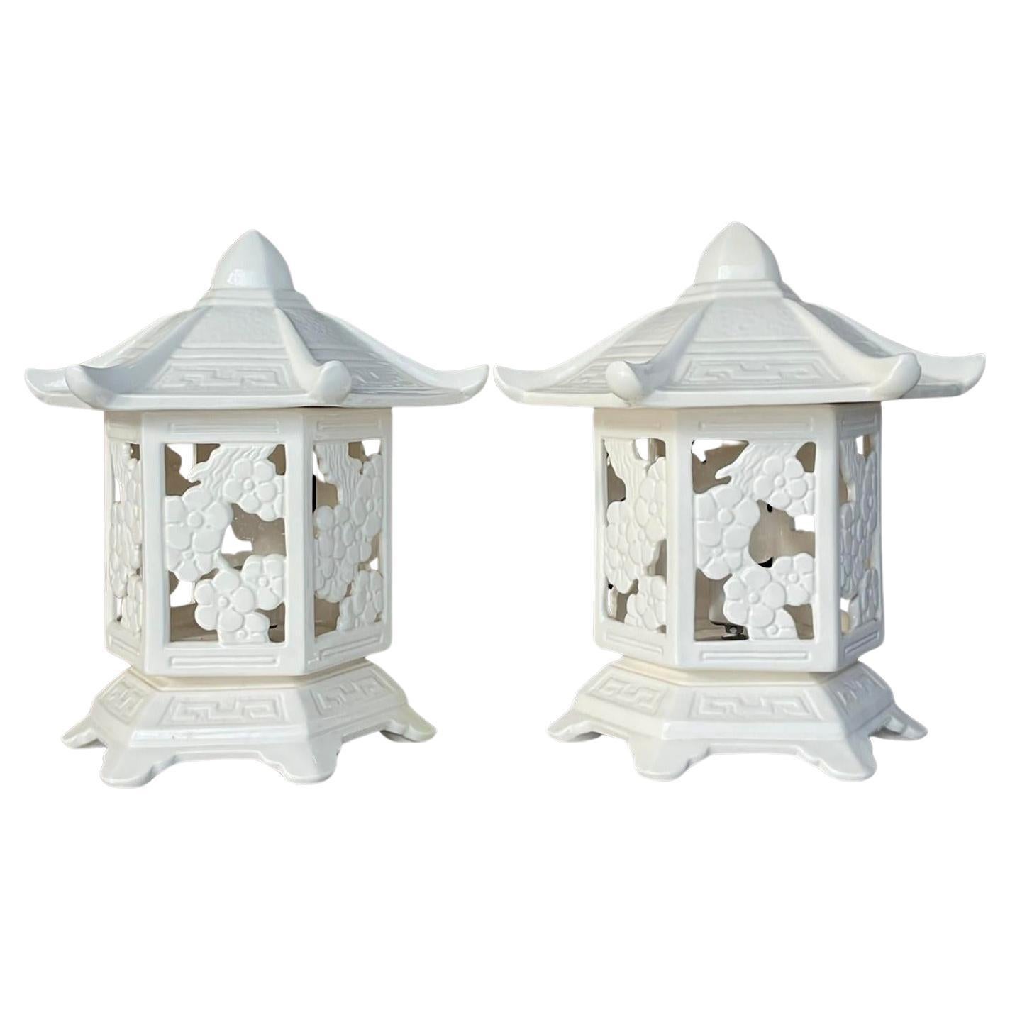 Vintage Regency Glazed Ceramic Pagoda Lantern Lamps - a Pair For Sale