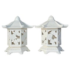 Retro Regency Glazed Ceramic Pagoda Lantern Lamps - a Pair
