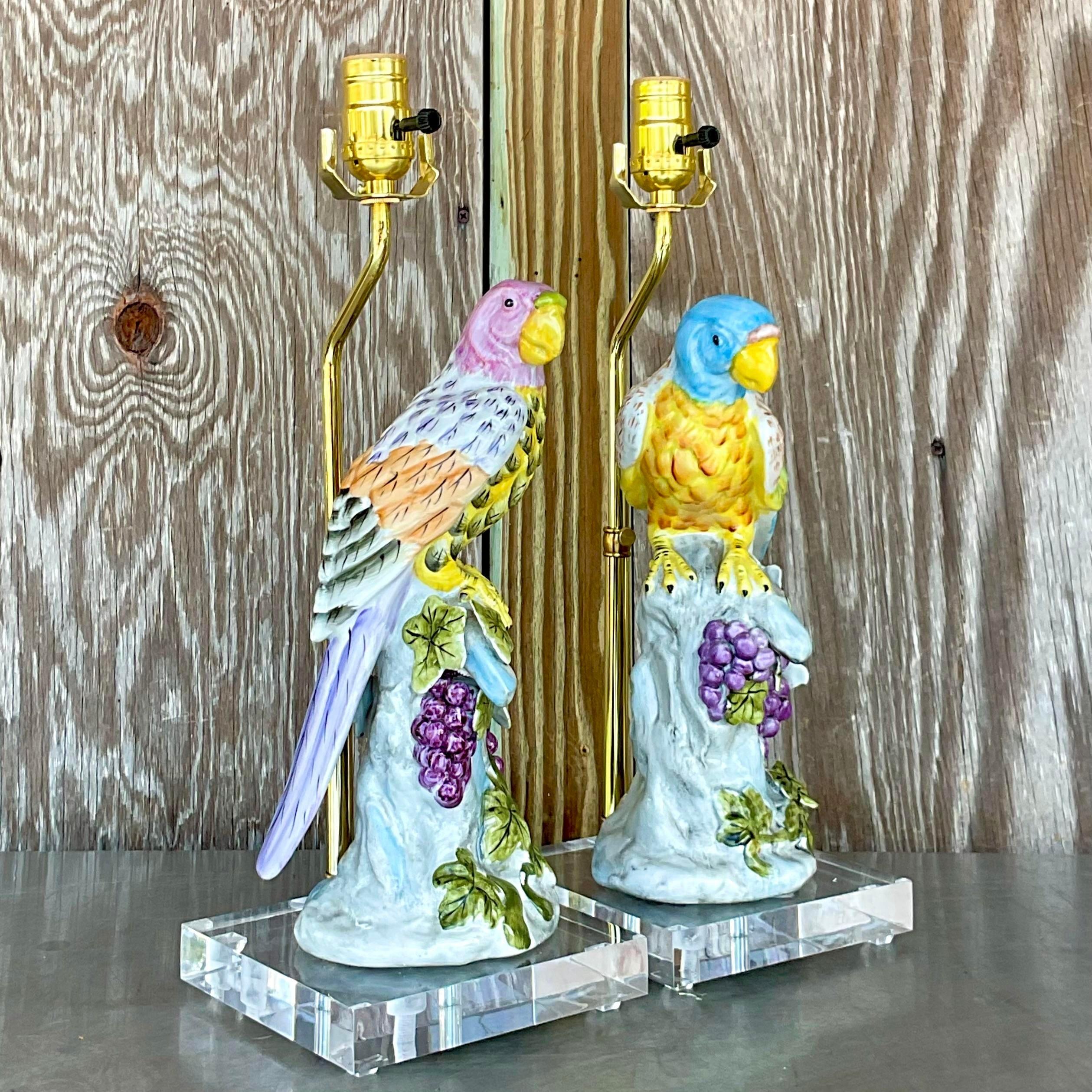 American Vintage Regency Glazed Ceramic Parrot Lamps - a Pair