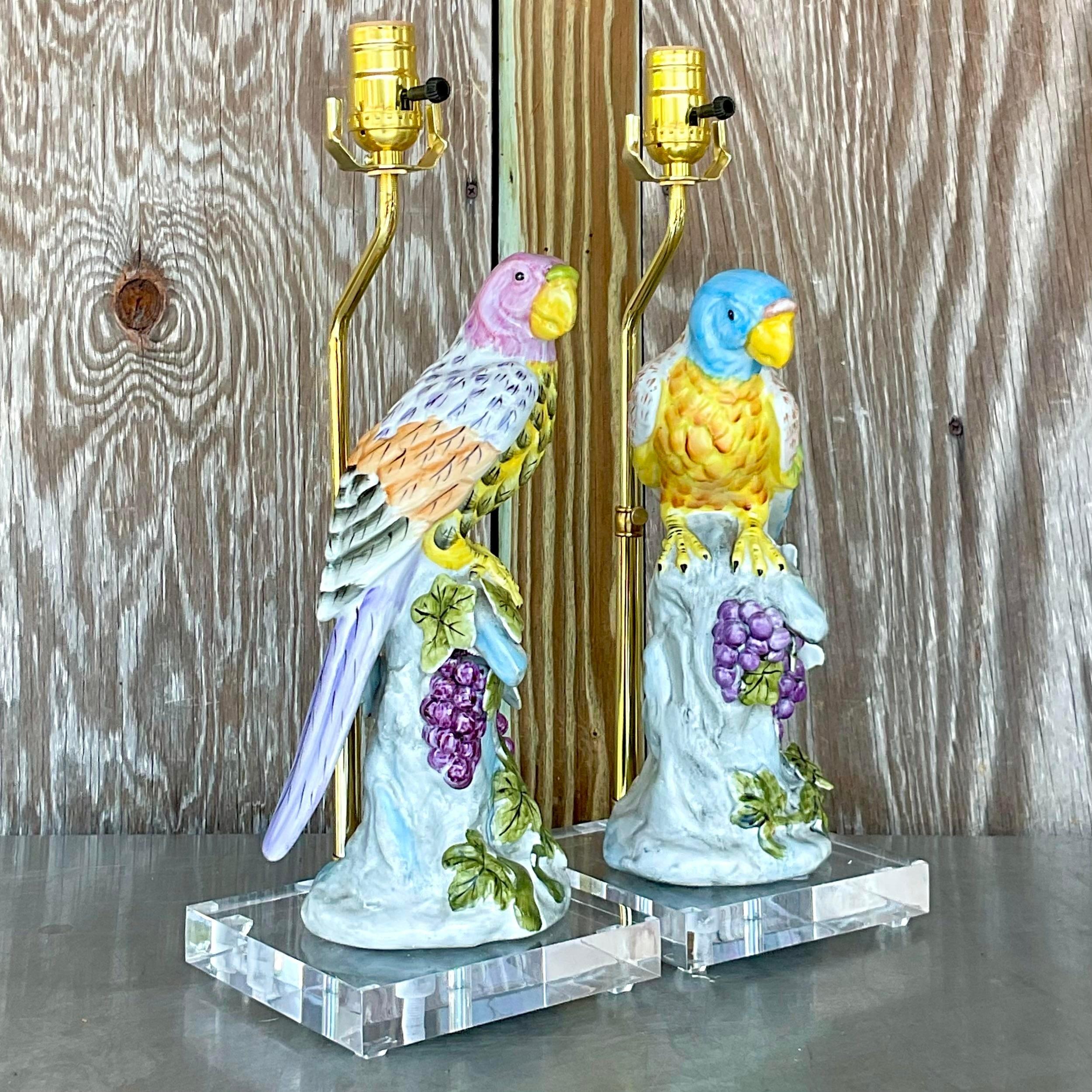 Vintage Regency Glazed Ceramic Parrot Lamps - a Pair In Good Condition For Sale In west palm beach, FL