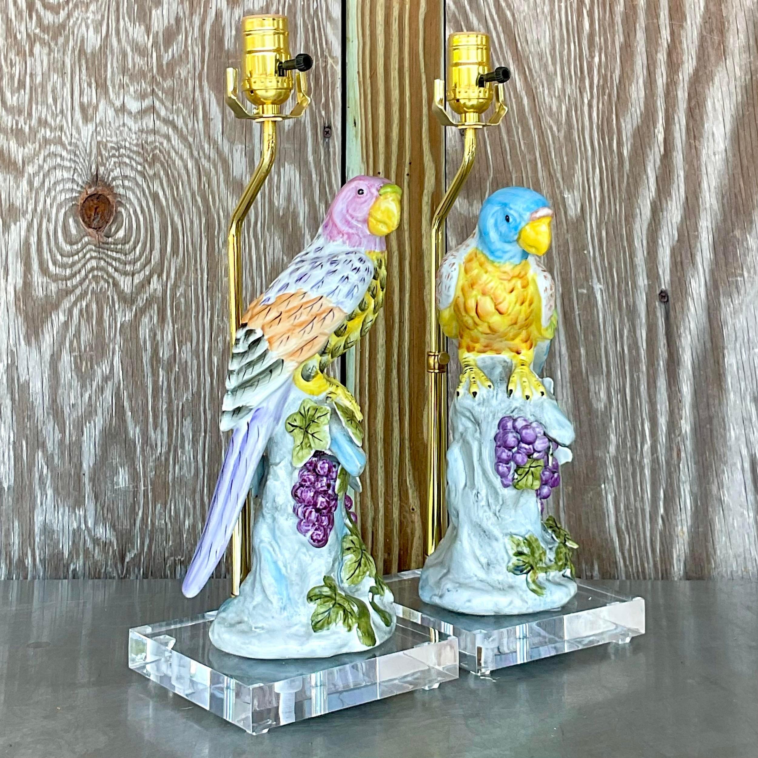 Vintage Regency Glazed Ceramic Parrot Lamps - a Pair In Good Condition In West Palm Beach, FL