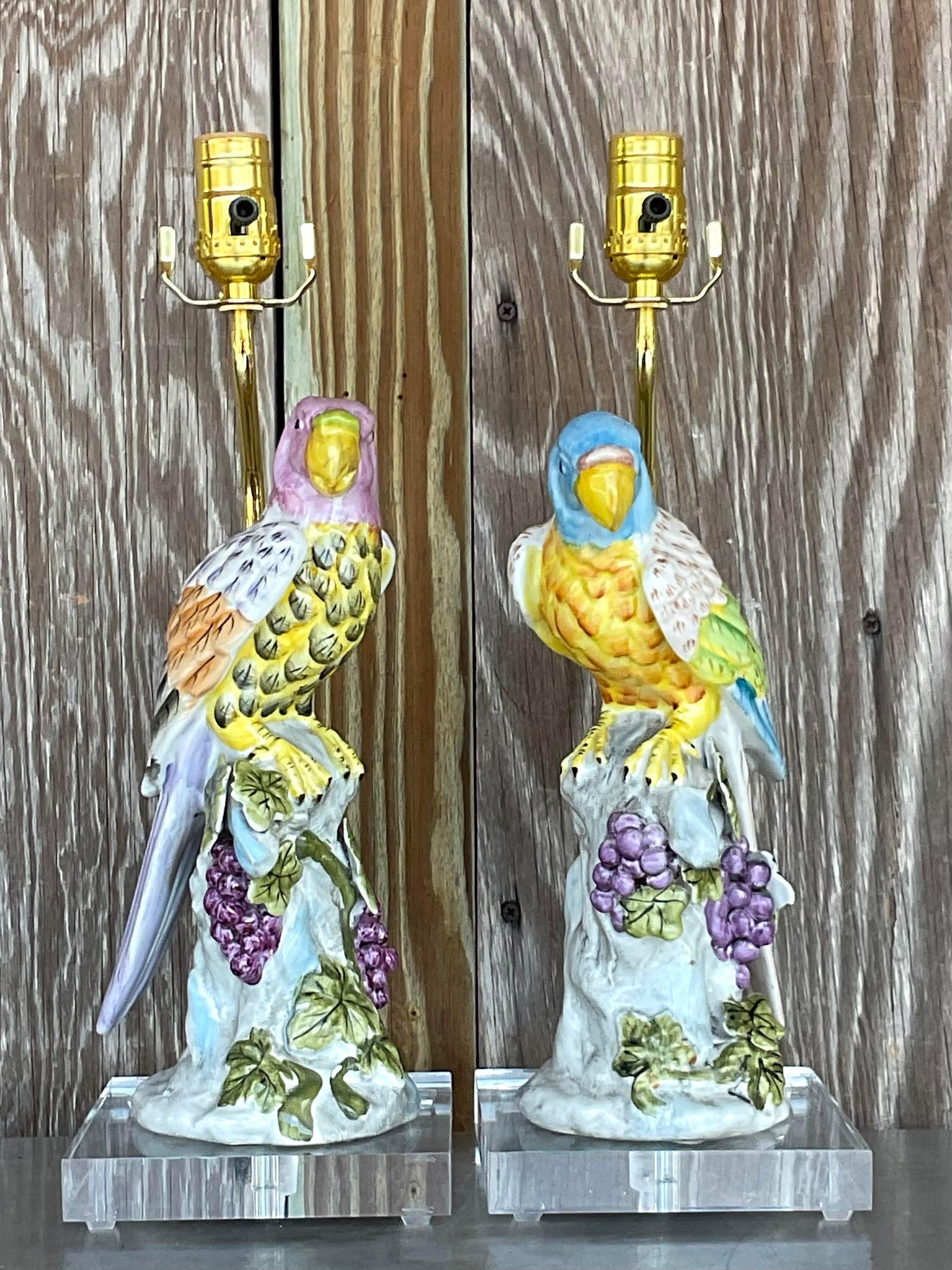 20th Century Vintage Regency Glazed Ceramic Parrot Lamps - a Pair