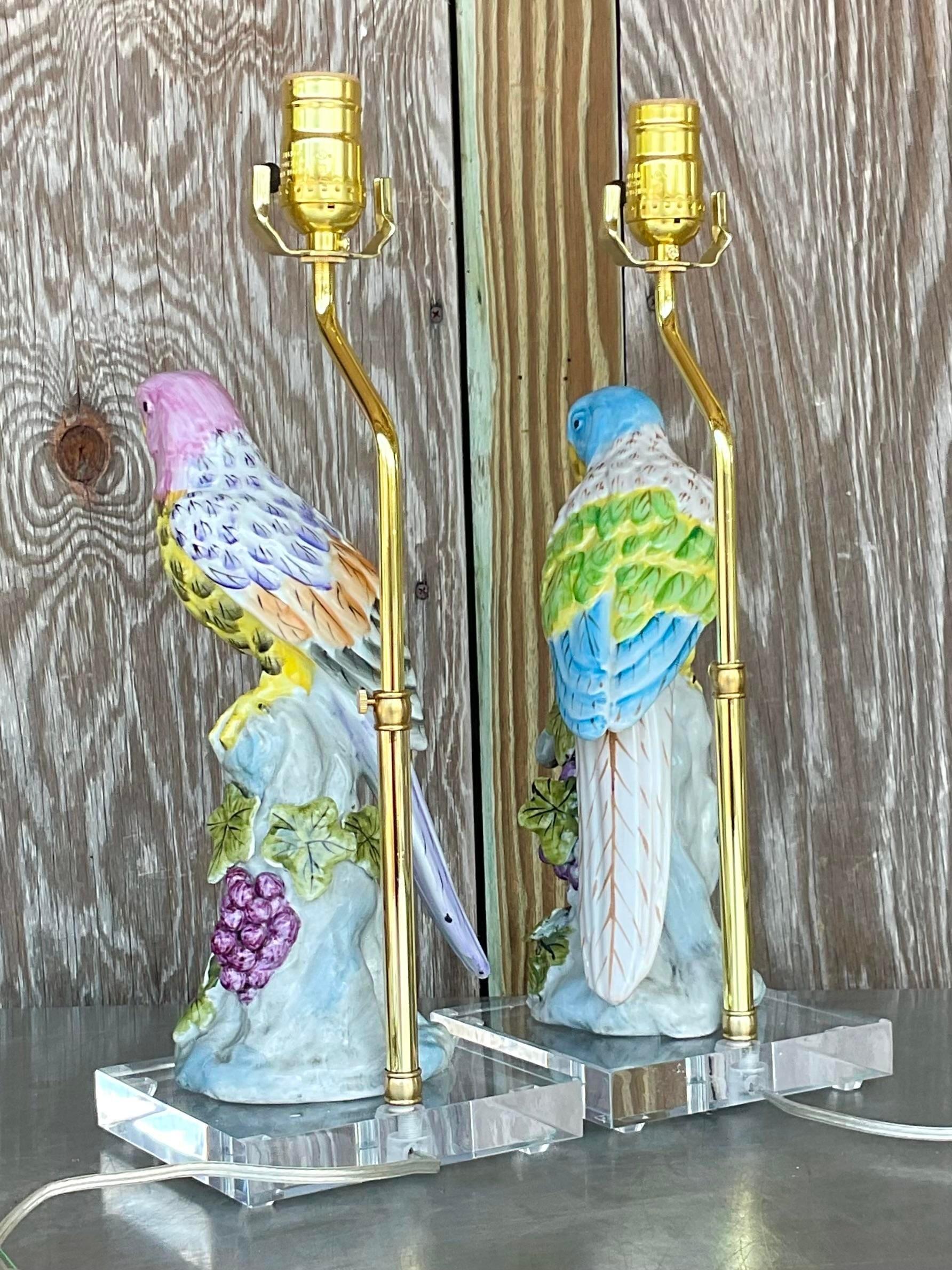 Brass Vintage Regency Glazed Ceramic Parrot Lamps - a Pair For Sale