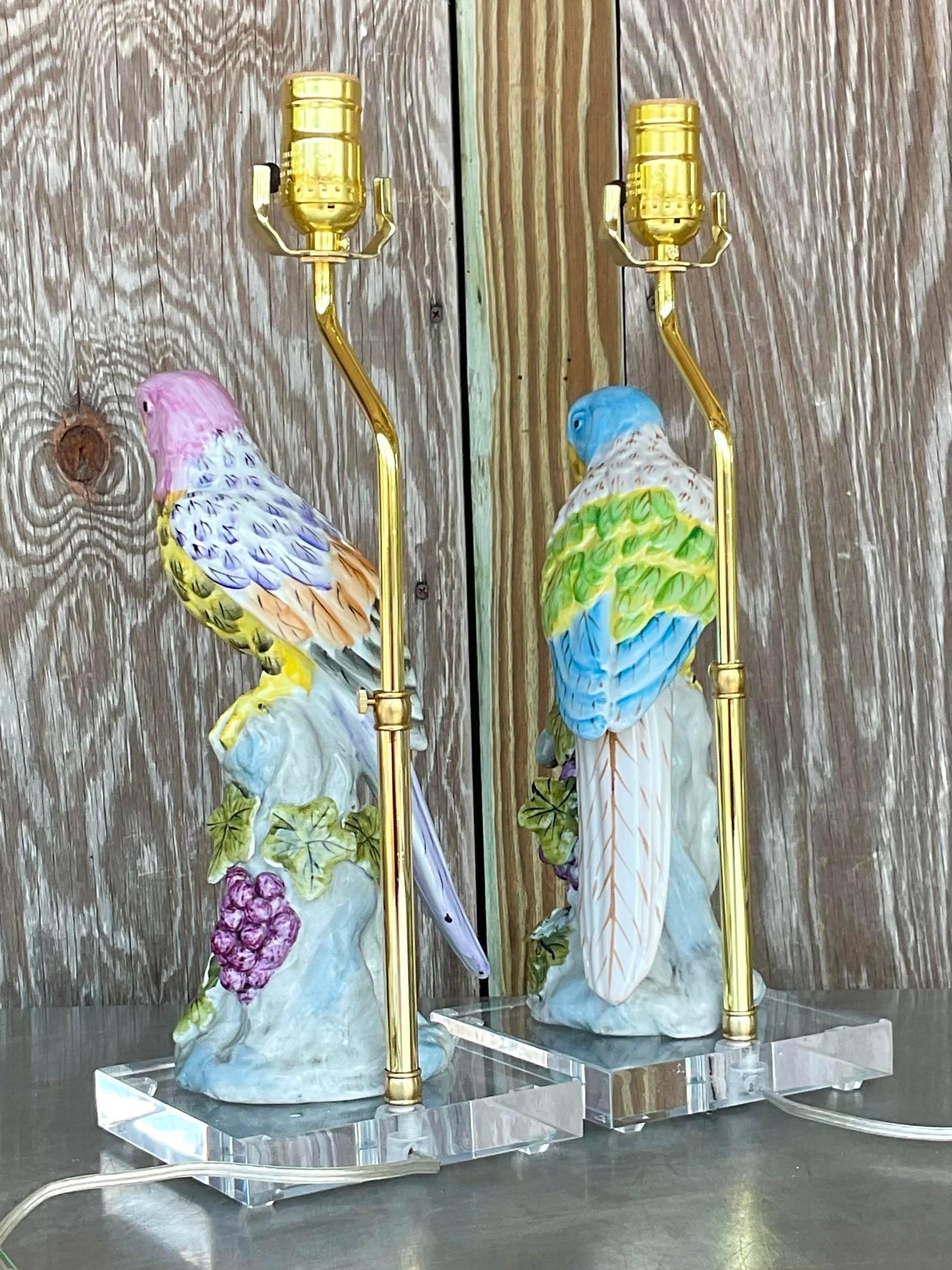 Brass Vintage Regency Glazed Ceramic Parrot Lamps - a Pair