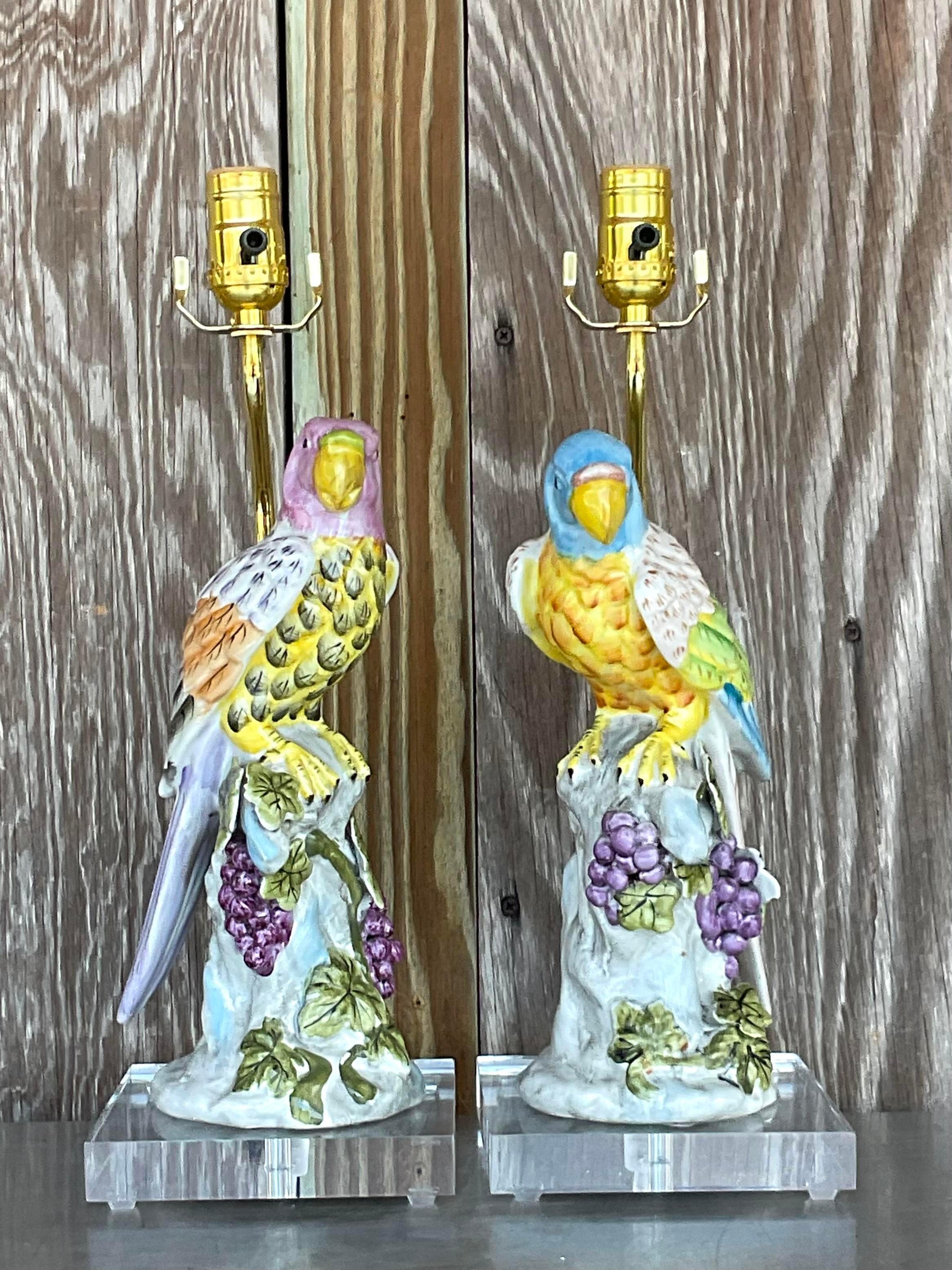 Vintage Regency Glazed Ceramic Parrot Lamps - a Pair 1