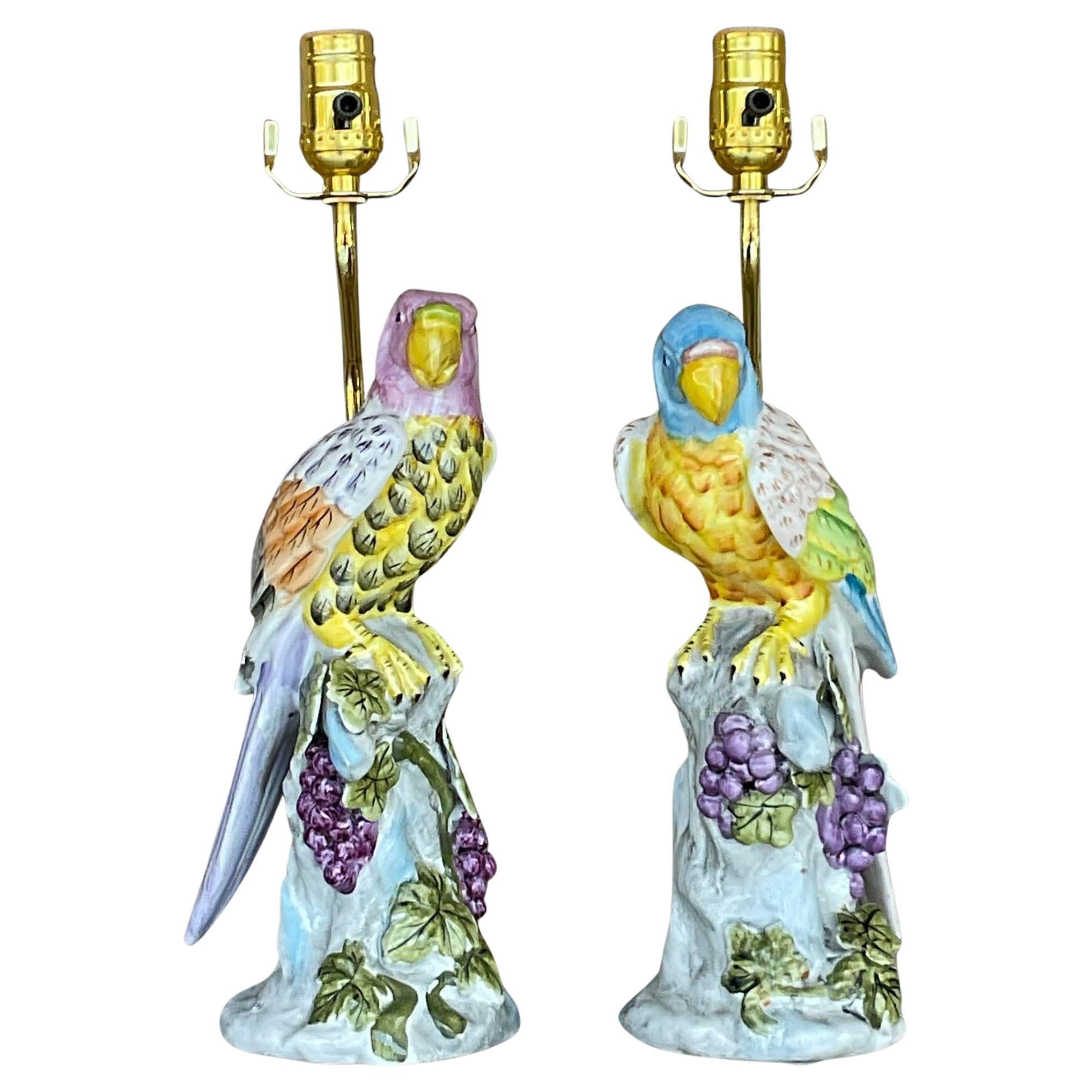 Vintage Regency Glazed Ceramic Parrot Lamps - a Pair For Sale