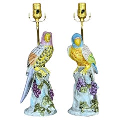 Retro Regency Glazed Ceramic Parrot Lamps - a Pair