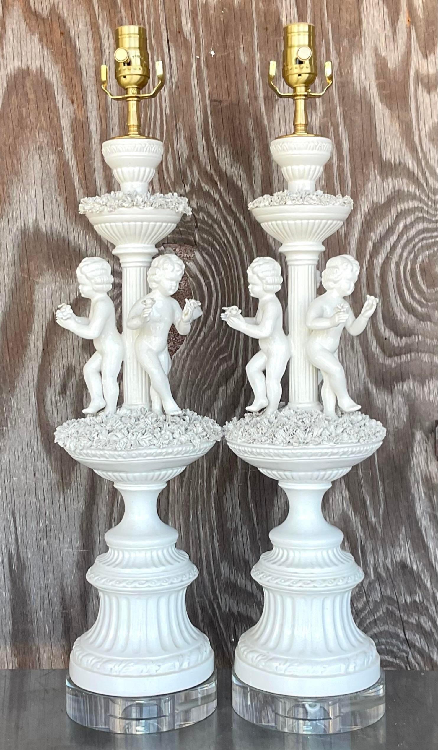 Vintage Regency Glazed Ceramic Putti Style Lamps - a Pair For Sale 4