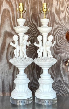 Vintage Regency Glazed Ceramic Putti Style Lamps - a Pair