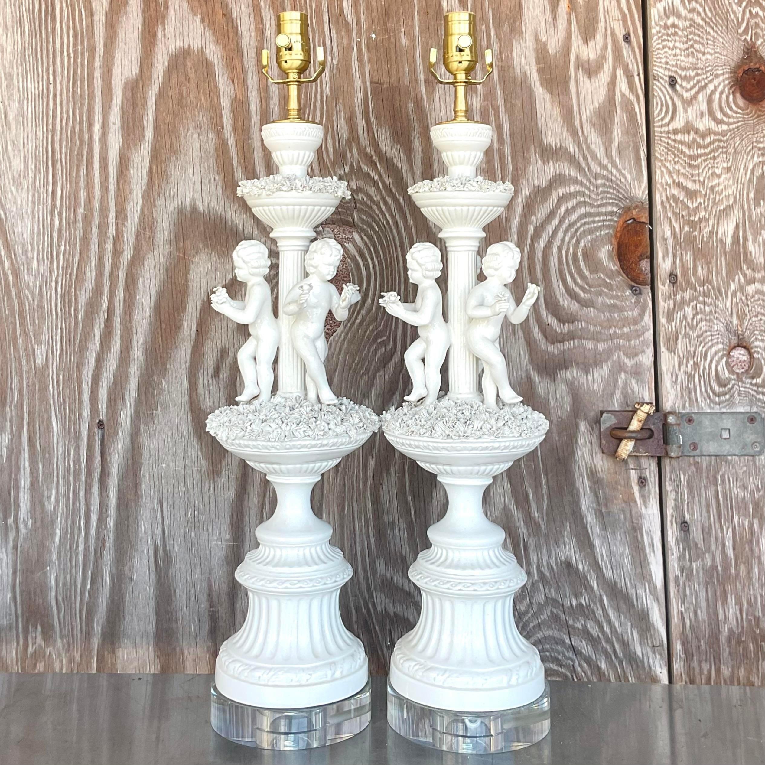 American Vintage Regency Glazed Ceramic Putti Style Lamps - a Pair For Sale