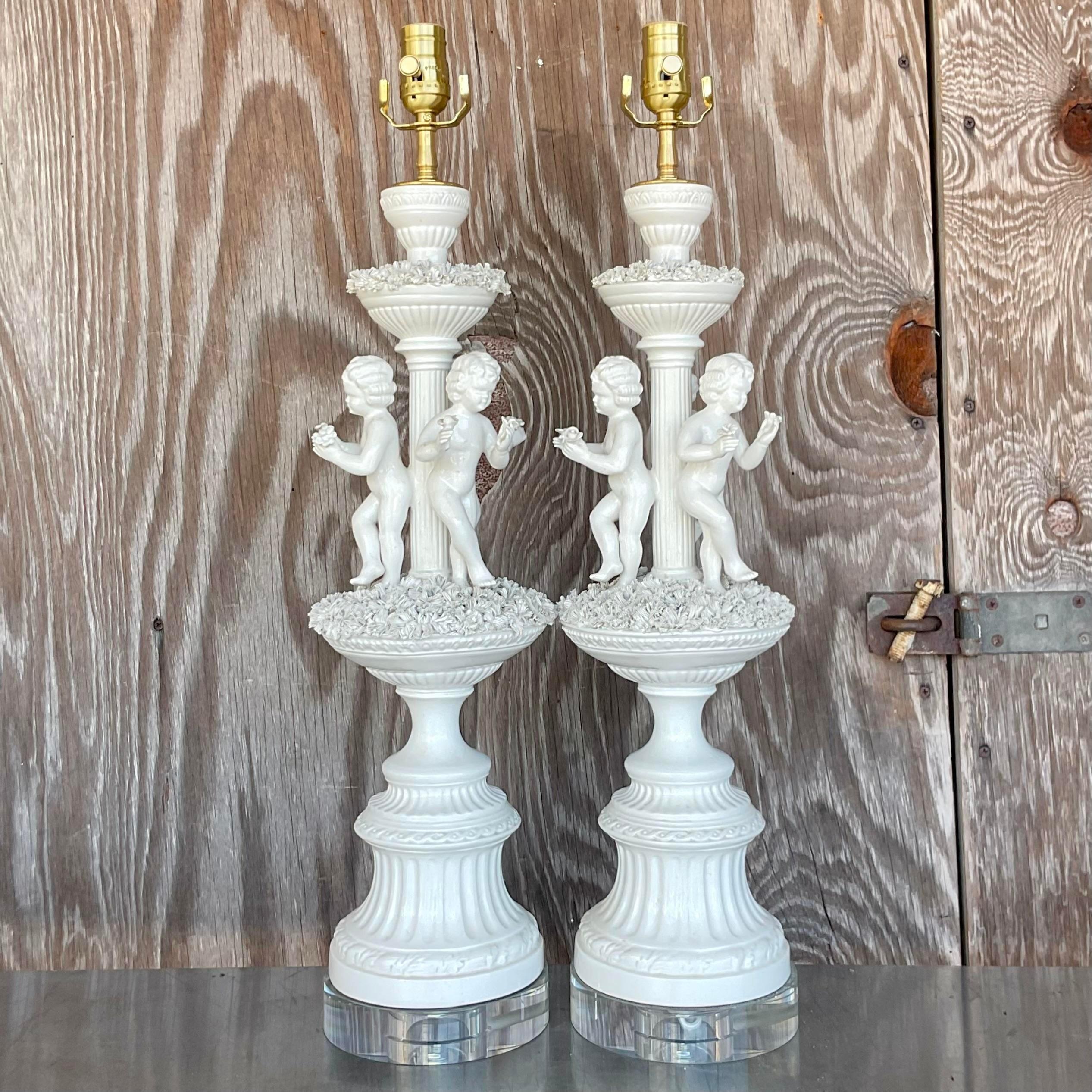 20th Century Vintage Regency Glazed Ceramic Putti Style Lamps - a Pair For Sale