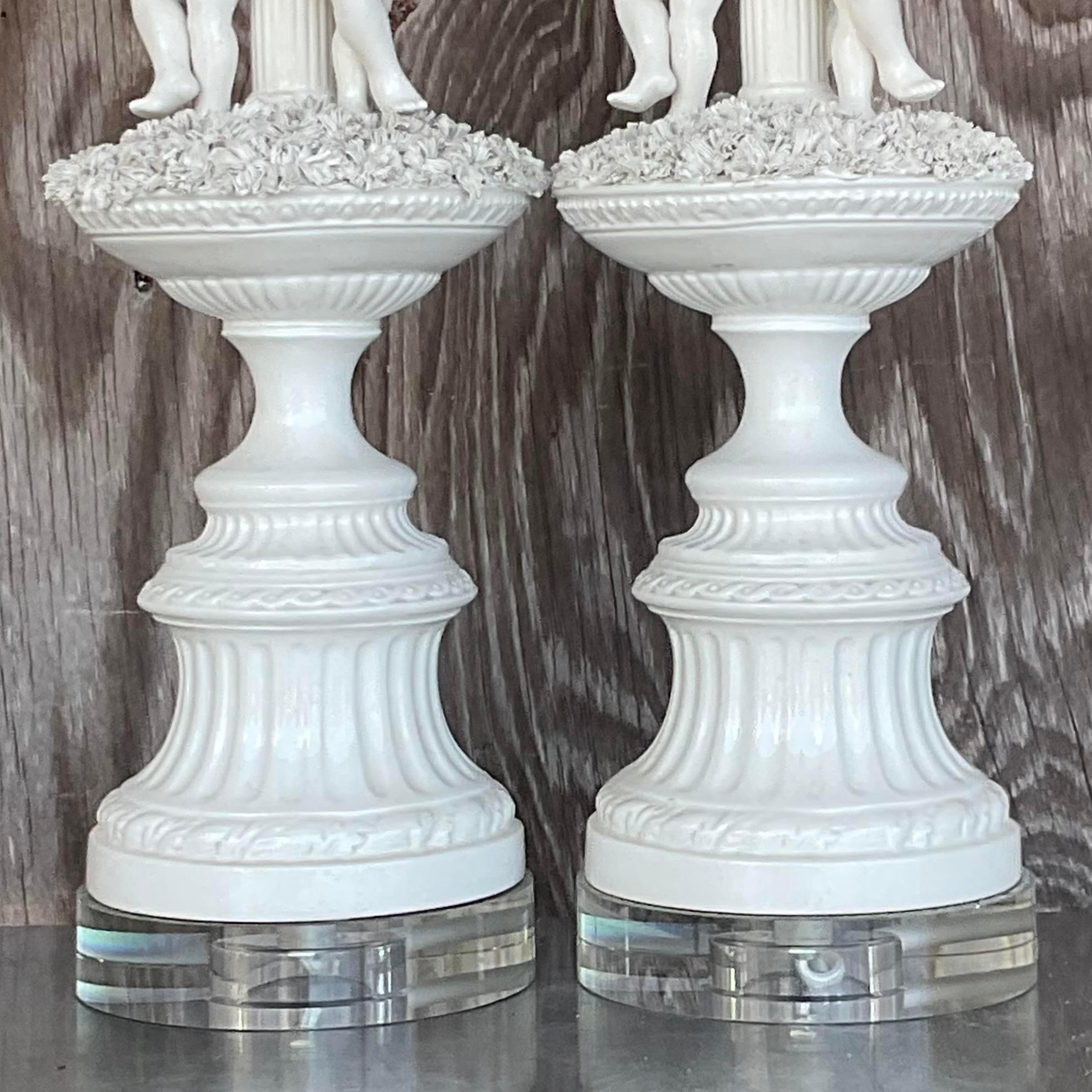 Metal Vintage Regency Glazed Ceramic Putti Style Lamps - a Pair For Sale