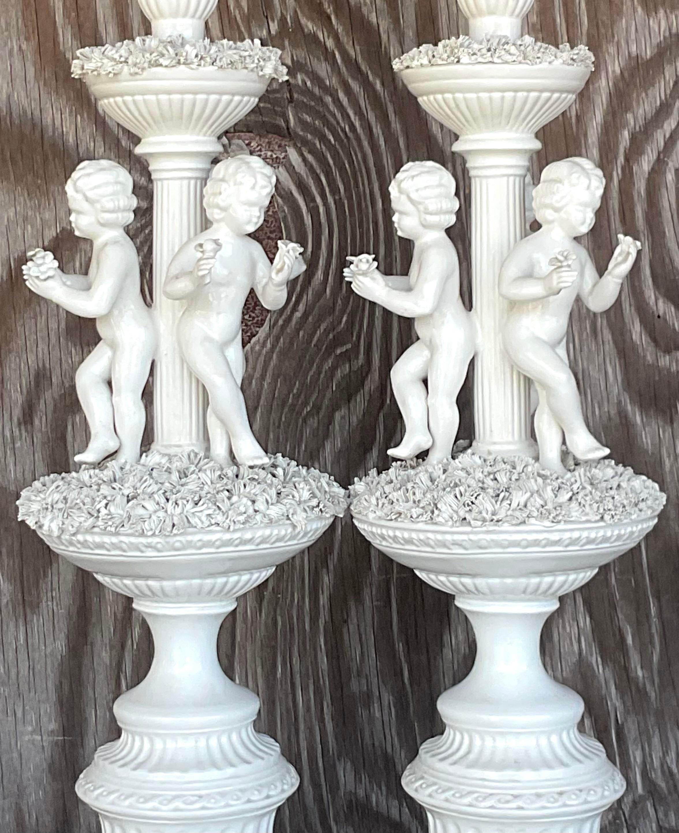 Vintage Regency Glazed Ceramic Putti Style Lamps - a Pair For Sale 2