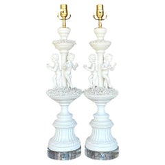 Vintage Regency Glazed Ceramic Putti Style Lamps - a Pair