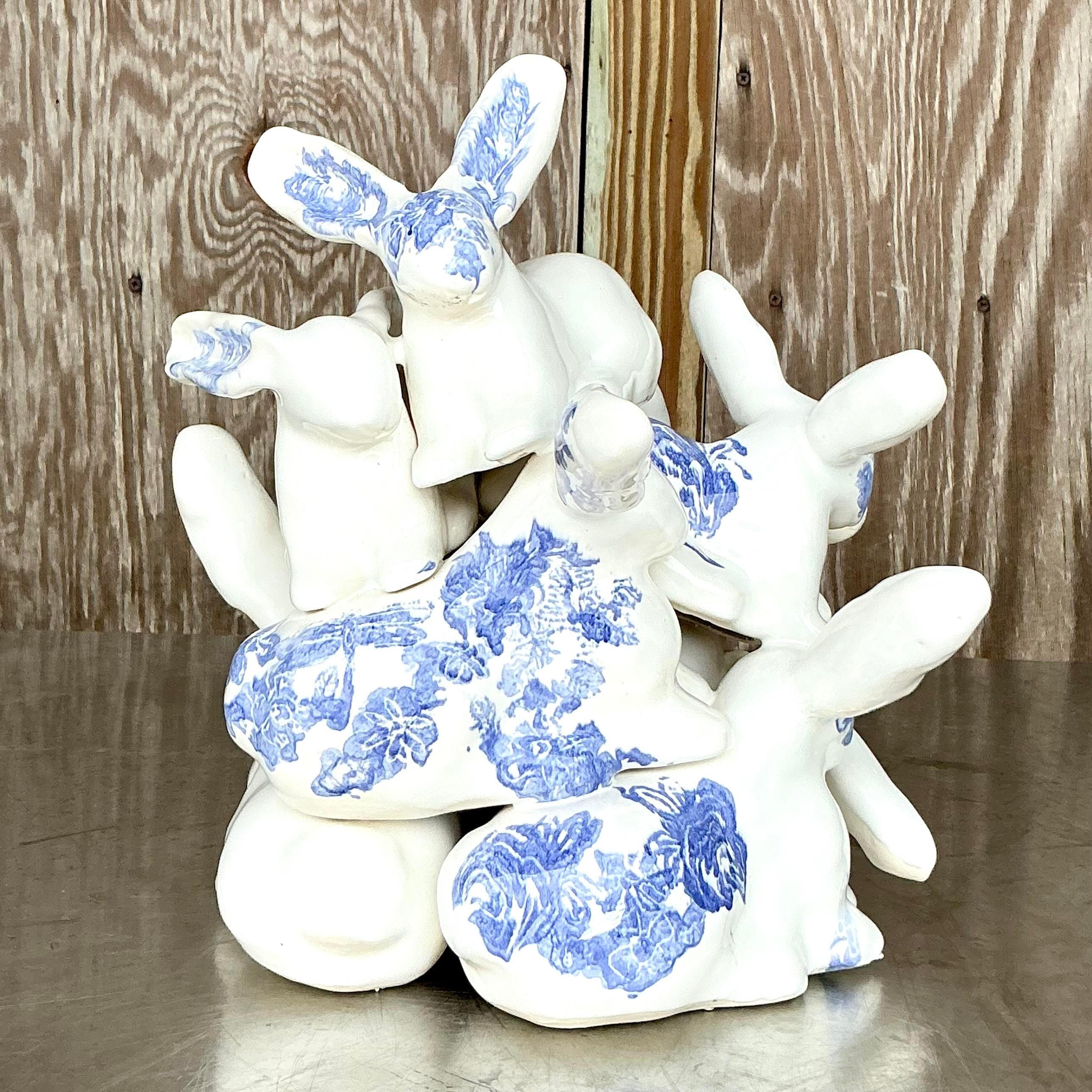 Vintage Regency Glazed Ceramic Stacked Rabbit Sculpture For Sale at 1stDibs