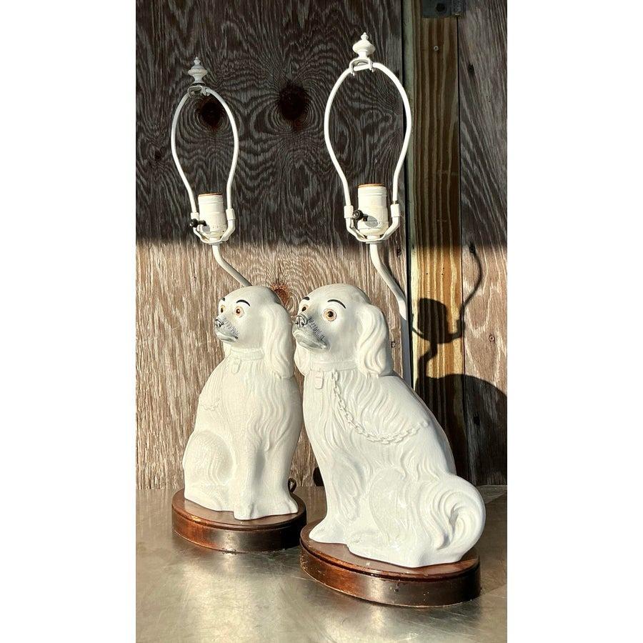 American Vintage Regency Glazed Ceramic Staffordshire Dog Lamps - a Pair For Sale
