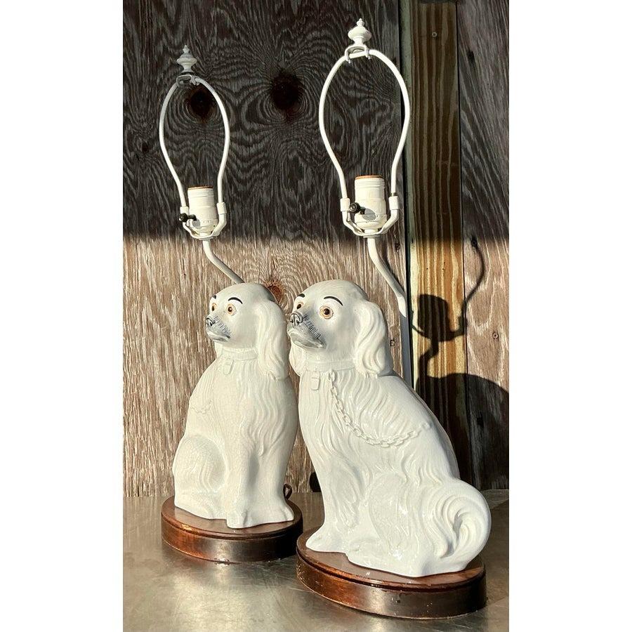 Vintage Regency Glazed Ceramic Staffordshire Dog Lamps - a Pair In Good Condition For Sale In west palm beach, FL