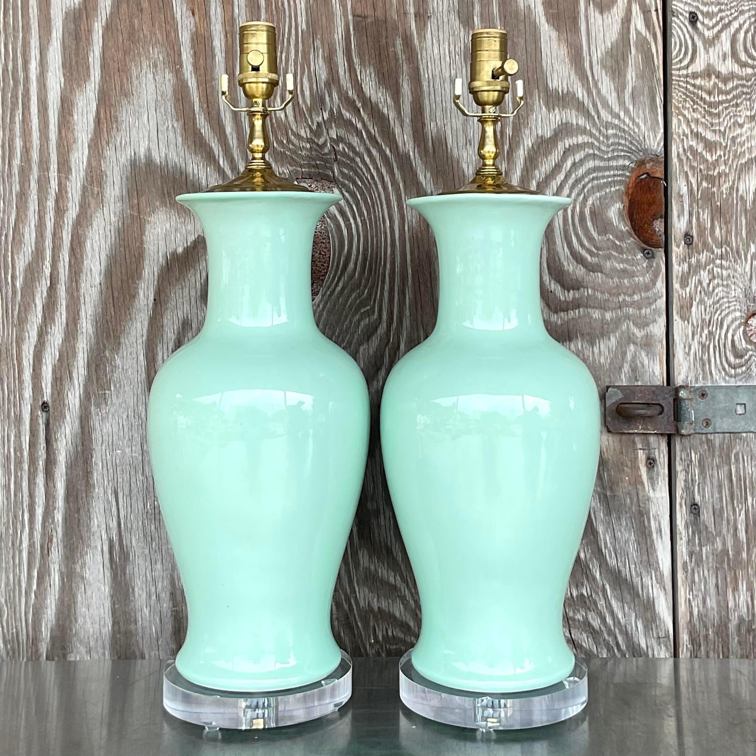American Vintage Regency Glazed Ceramic Table Lamps - a Pair For Sale