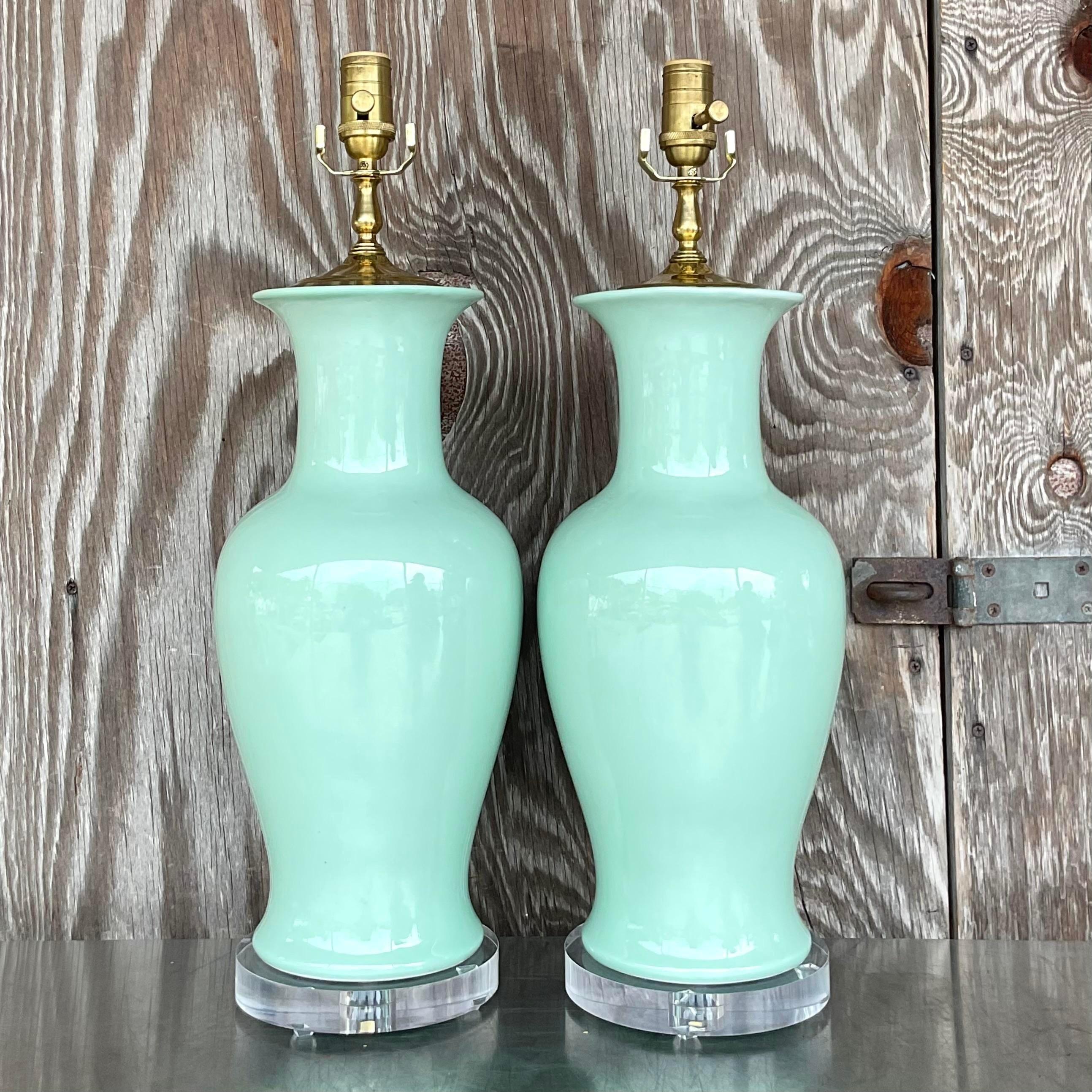 Vintage Regency Glazed Ceramic Table Lamps - a Pair In Good Condition For Sale In west palm beach, FL