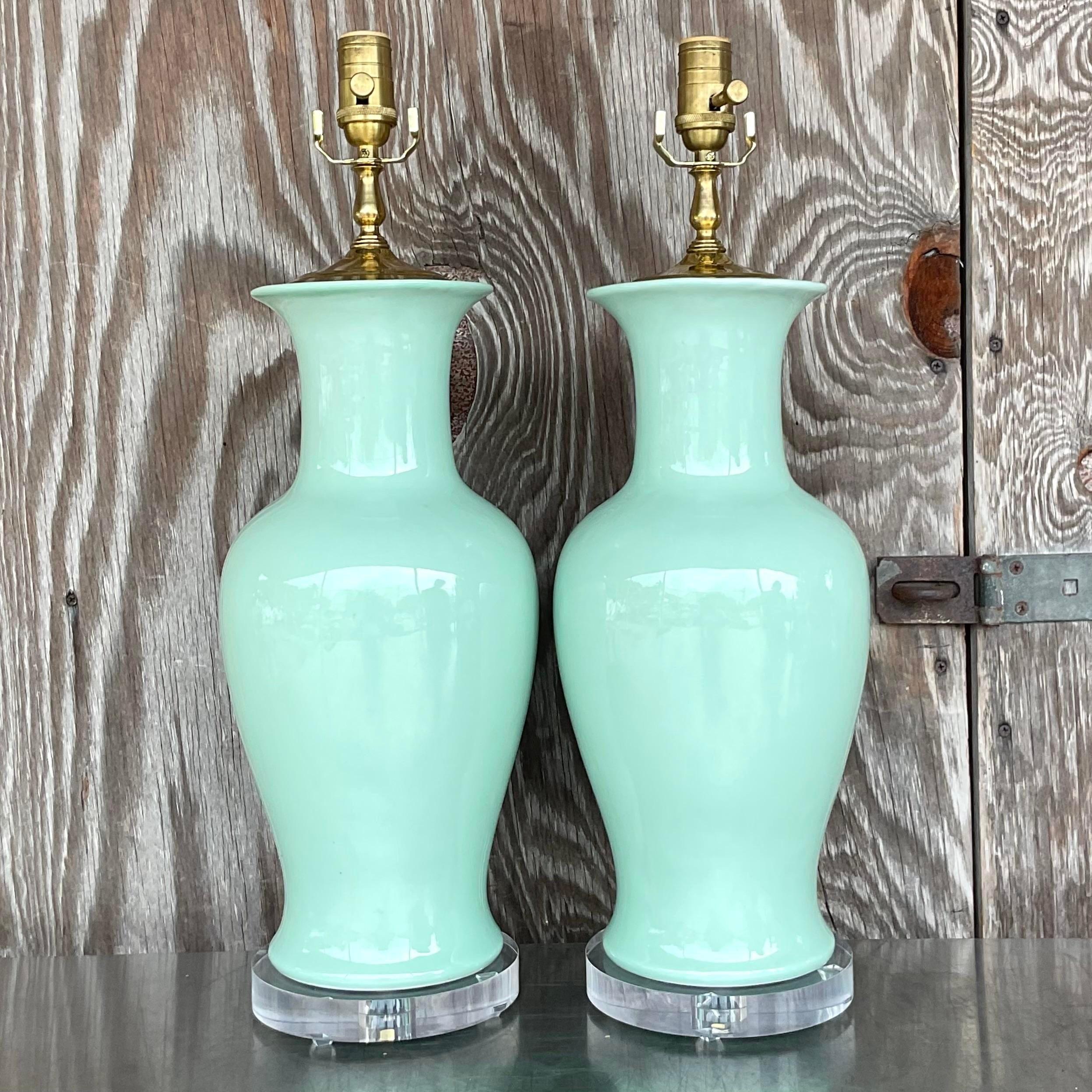 20th Century Vintage Regency Glazed Ceramic Table Lamps - a Pair For Sale