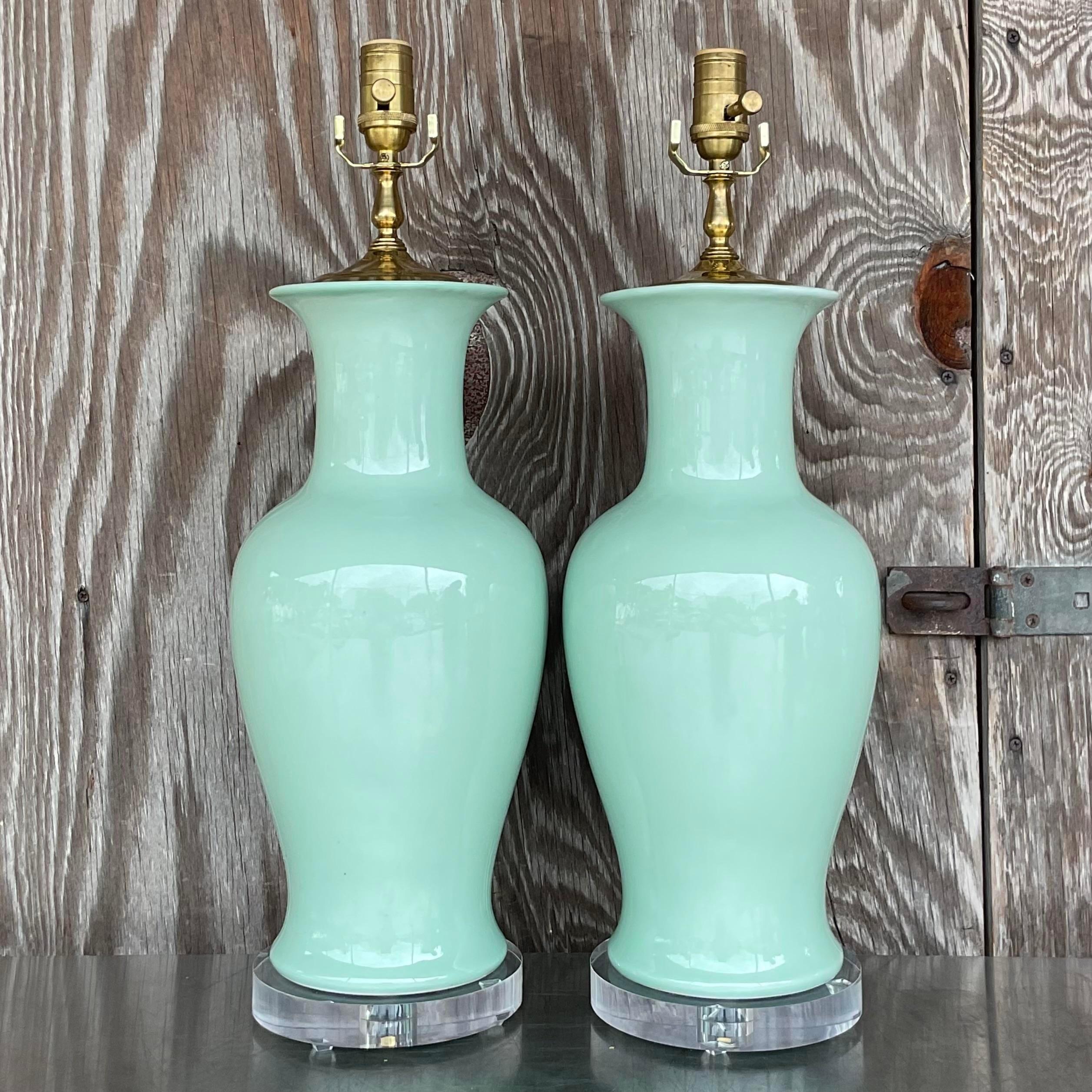 Metal Vintage Regency Glazed Ceramic Table Lamps - a Pair For Sale