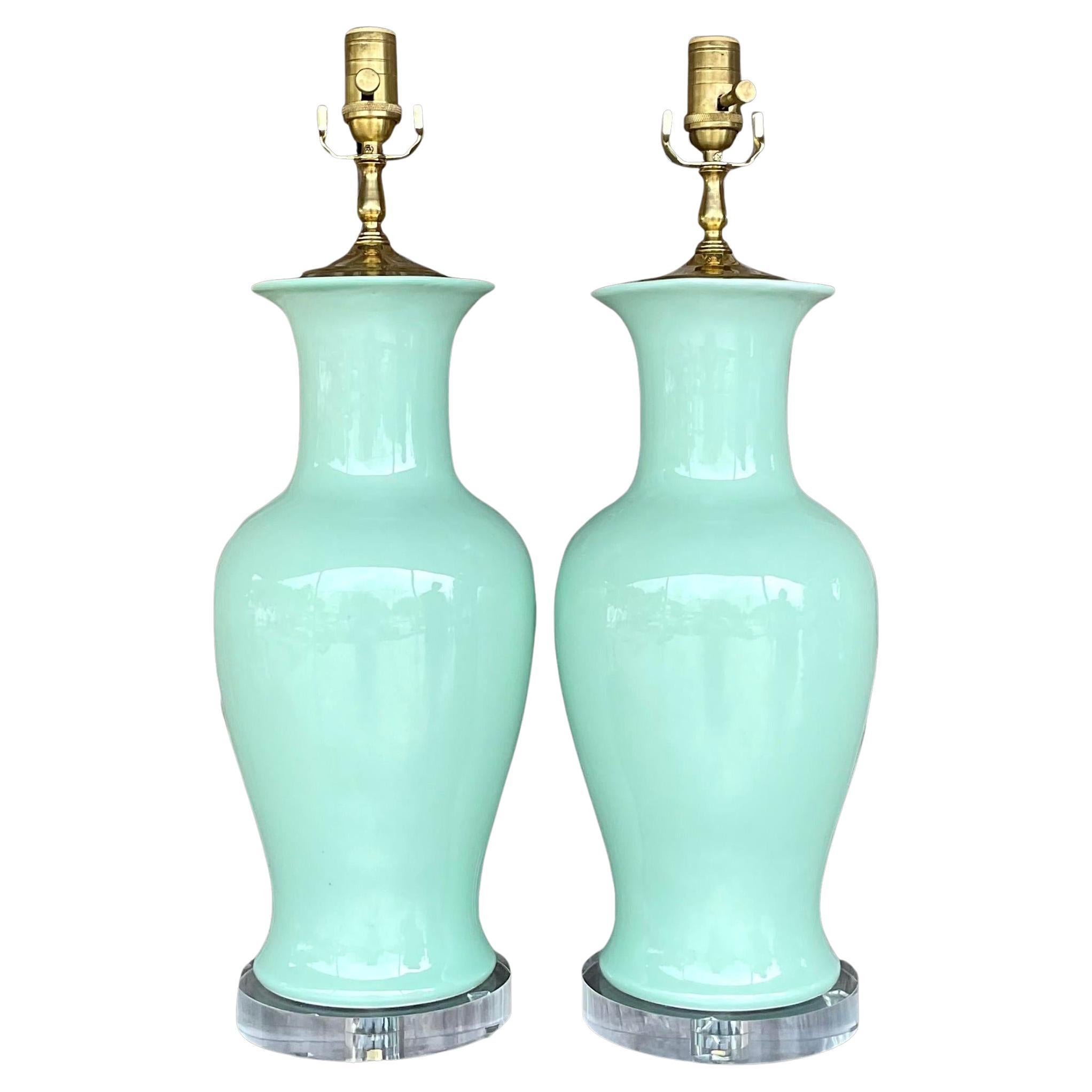 Vintage Regency Glazed Ceramic Table Lamps - a Pair For Sale